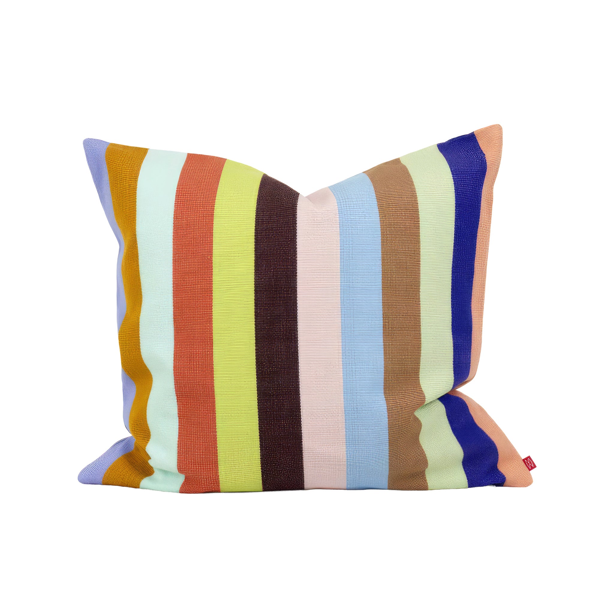 Jimena Cushion Cover by A World of Craft featuring vibrant multicolored handwoven cotton stripes, Fair Trade made in Guatemala, shown as a square decorative pillow on a white background.