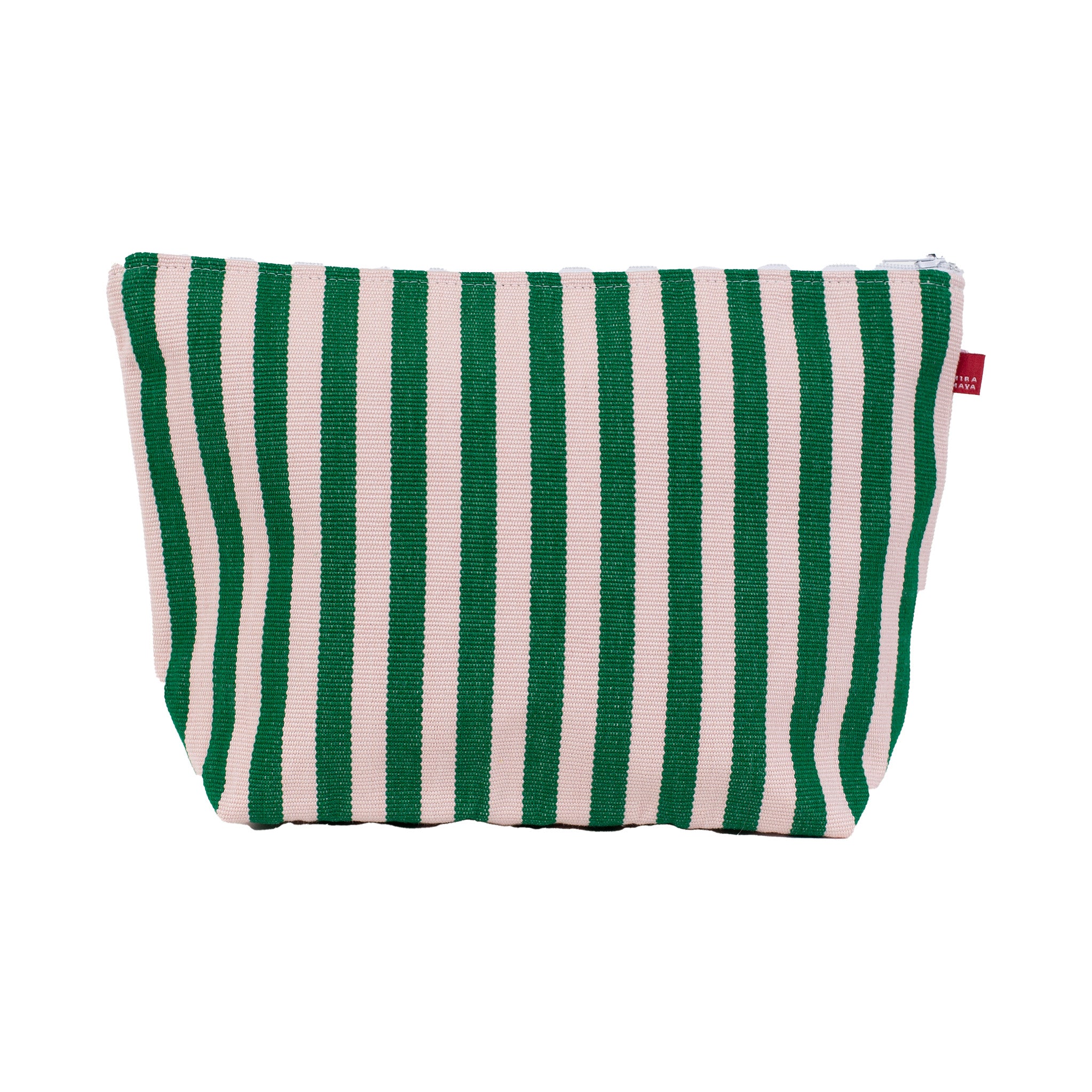 Josefin Zipper Bag by A World of Craft in handwoven green-and-white cotton stripes with nylon lining, Fair Trade handmade in Guatemala—spacious enough for toiletries or to carry as a clutch with your phone.