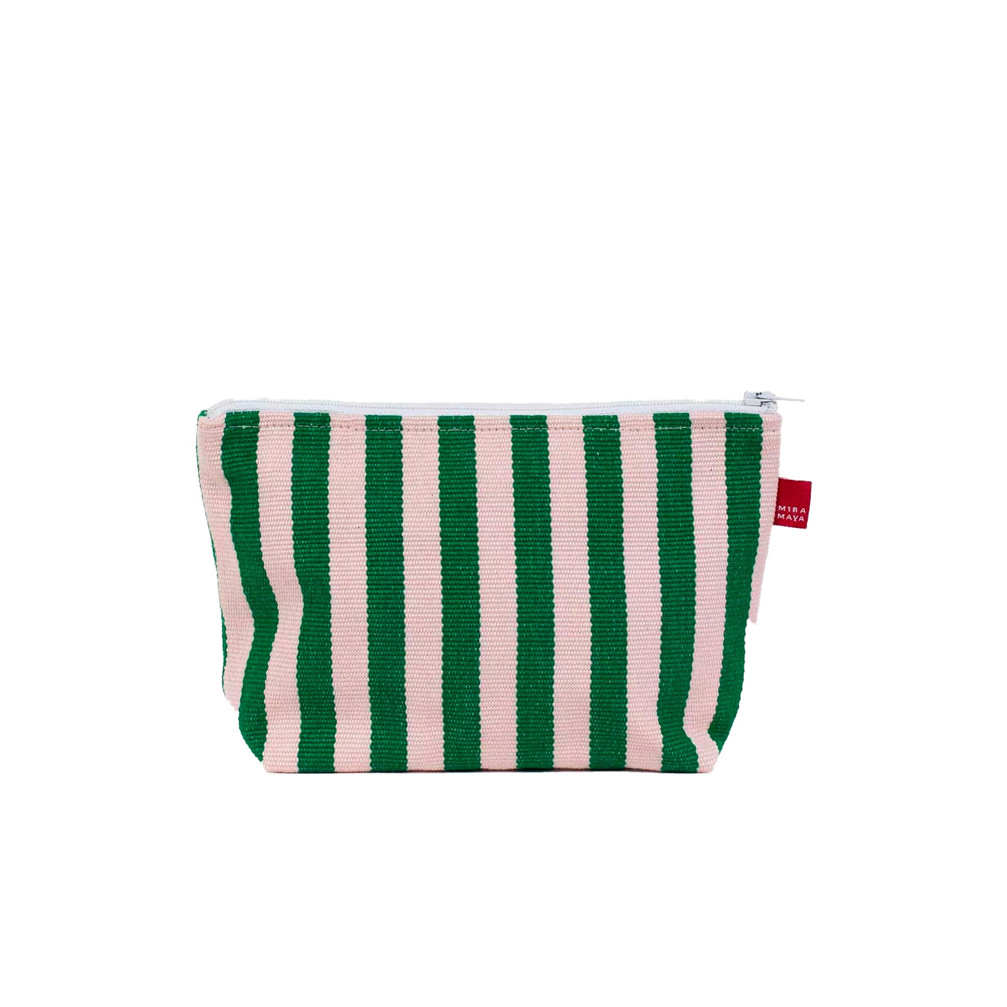 Josefin Zipper Bag by A World of Craft in handwoven green-and-white cotton stripes with nylon lining, Fair Trade handmade in Guatemala—spacious enough for toiletries or to carry as a clutch with your phone.