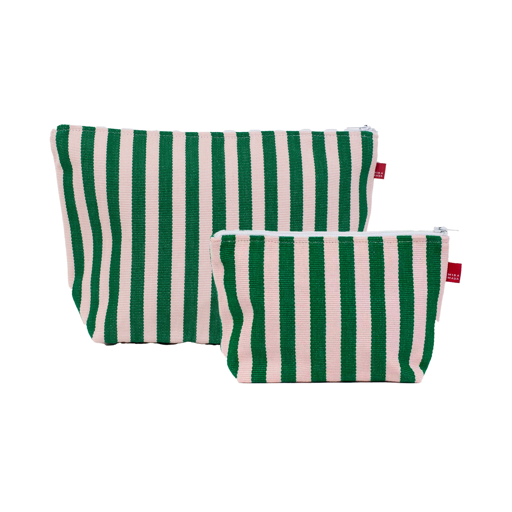 Josefin Zipper Bag by A World of Craft in handwoven green-and-white cotton stripes with nylon lining, Fair Trade handmade in Guatemala—spacious enough for toiletries or to carry as a clutch with your phone.