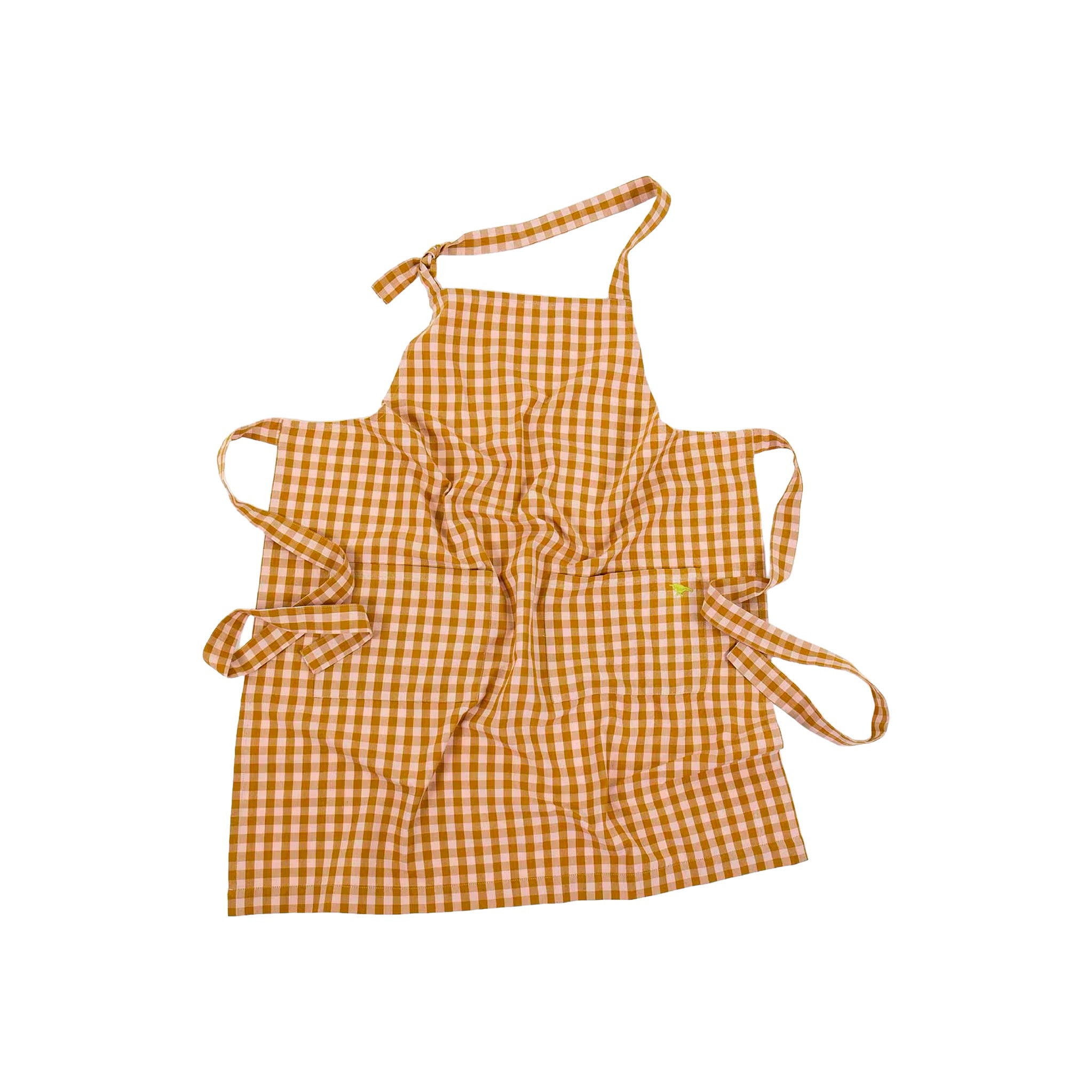 Maria Apron by A World of Craft in classic checkered organic cotton with two front pockets, adjustable neck strap, and signature embroidered yellow bird.