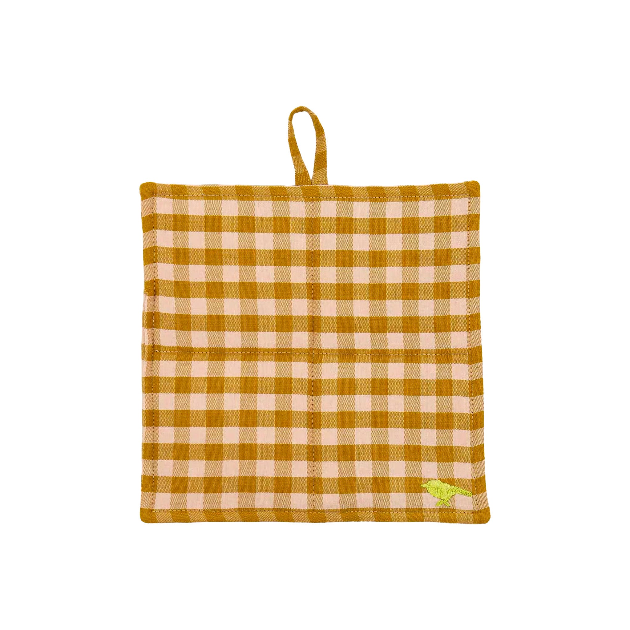 Maria Pot Holder by A World of Craft in mustard and pink gingham with an embroidered yellow bird and hanging loop.
