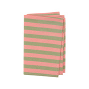 Martina Kitchen Towel by A World of Craft with wide coral and olive green handwoven cotton stripes, folded to showcase the textured reps weave and bold striped pattern.