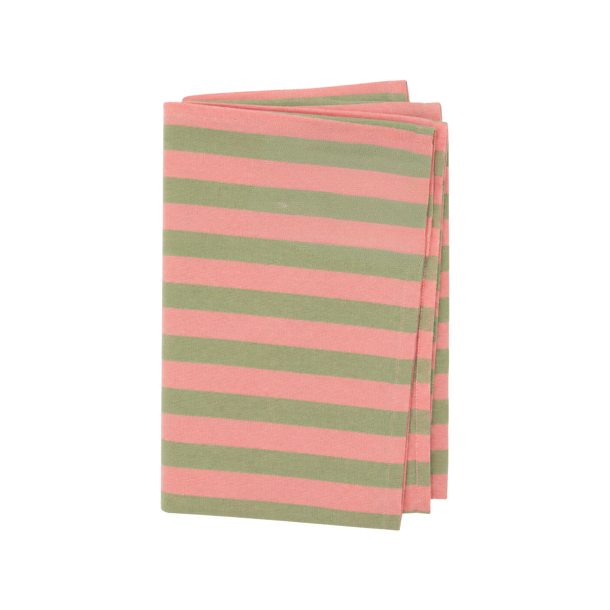 Martina Kitchen Towel by A World of Craft with wide coral and olive green handwoven cotton stripes, folded to showcase the textured reps weave and bold striped pattern.