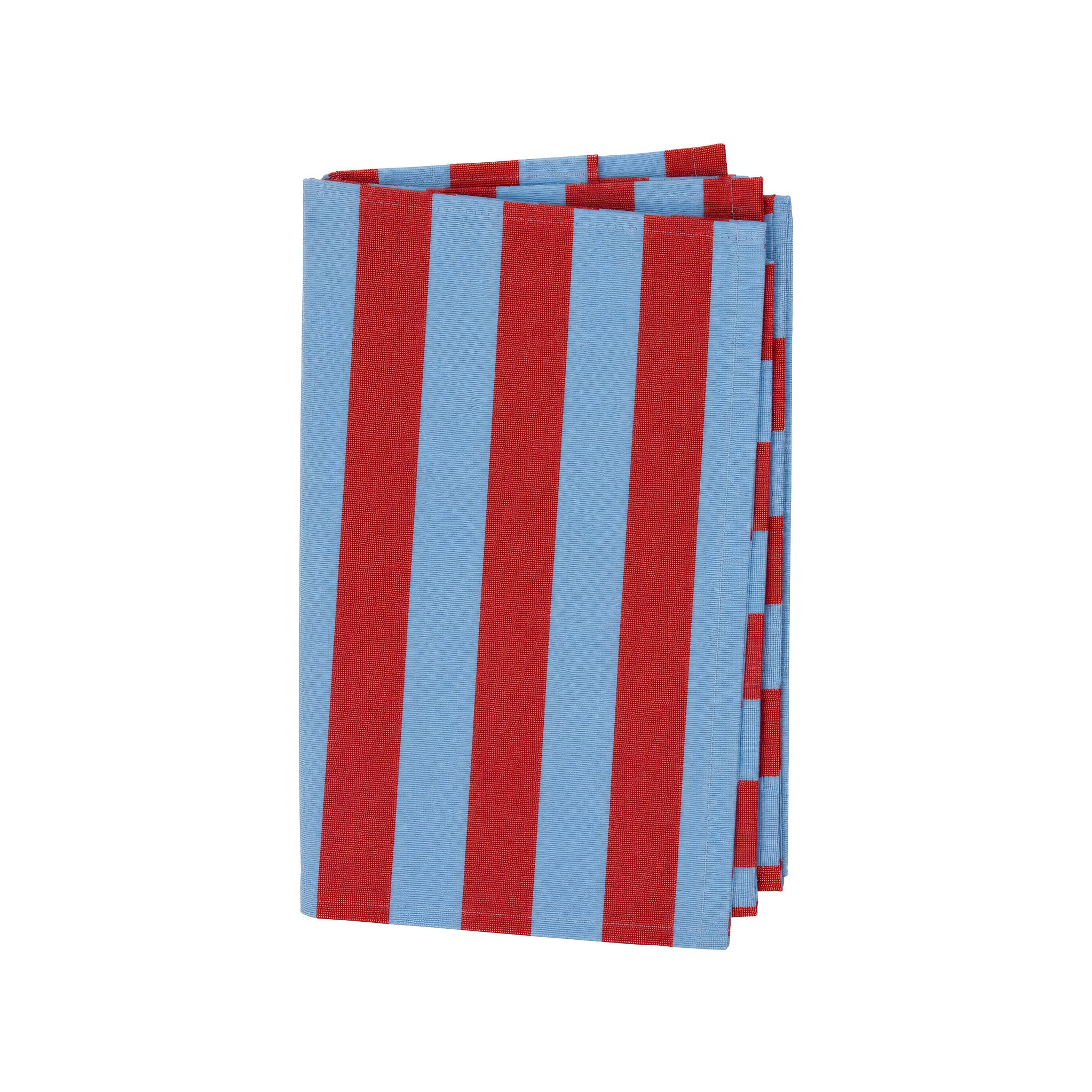 Nora Kitchen Towel by A World of Craft with wide blue and red handwoven cotton stripes, folded to show the bold striped pattern and textured reps weave.