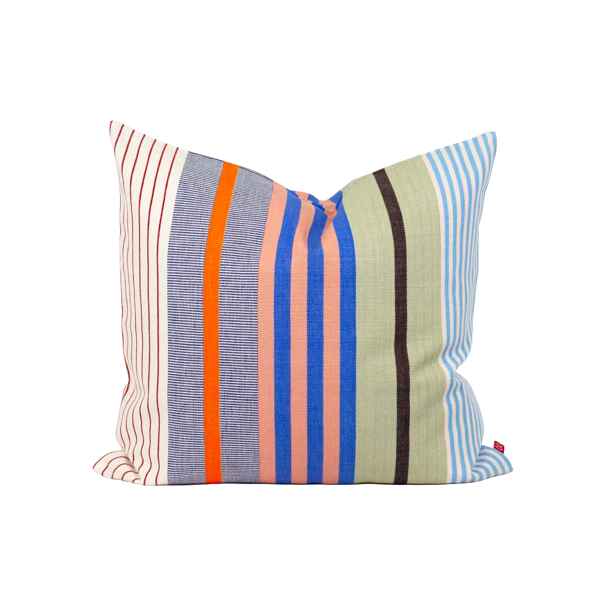 A World of Craft Olivia Cushion Cover with colorful mixed stripes in blue, pink, orange, green, red, and cream.