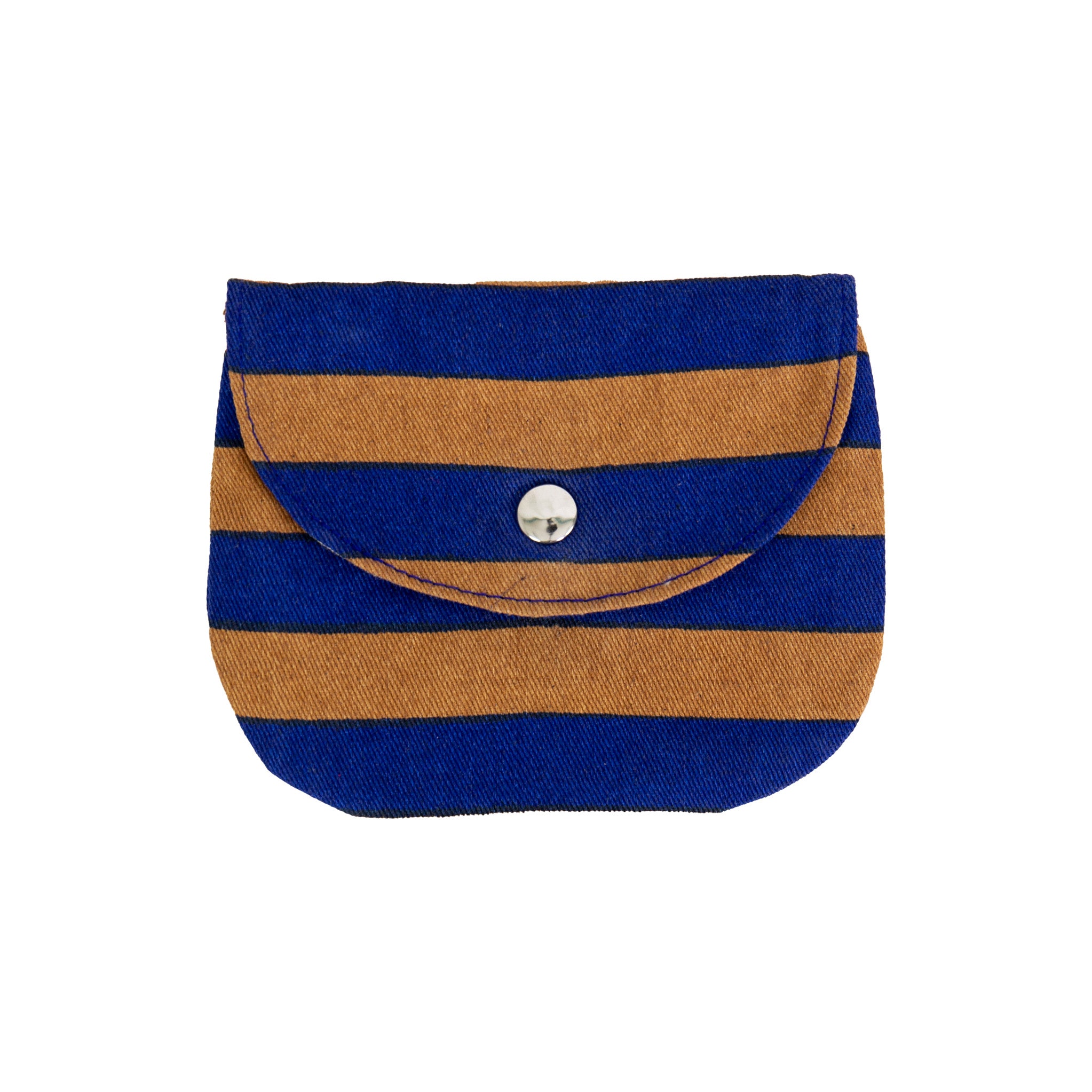 Randa Purse by A World of Craft in mustard-and-blue striped cotton with snap closure, Fair Trade handmade in India—perfect for cards, coins, or gummy bears.