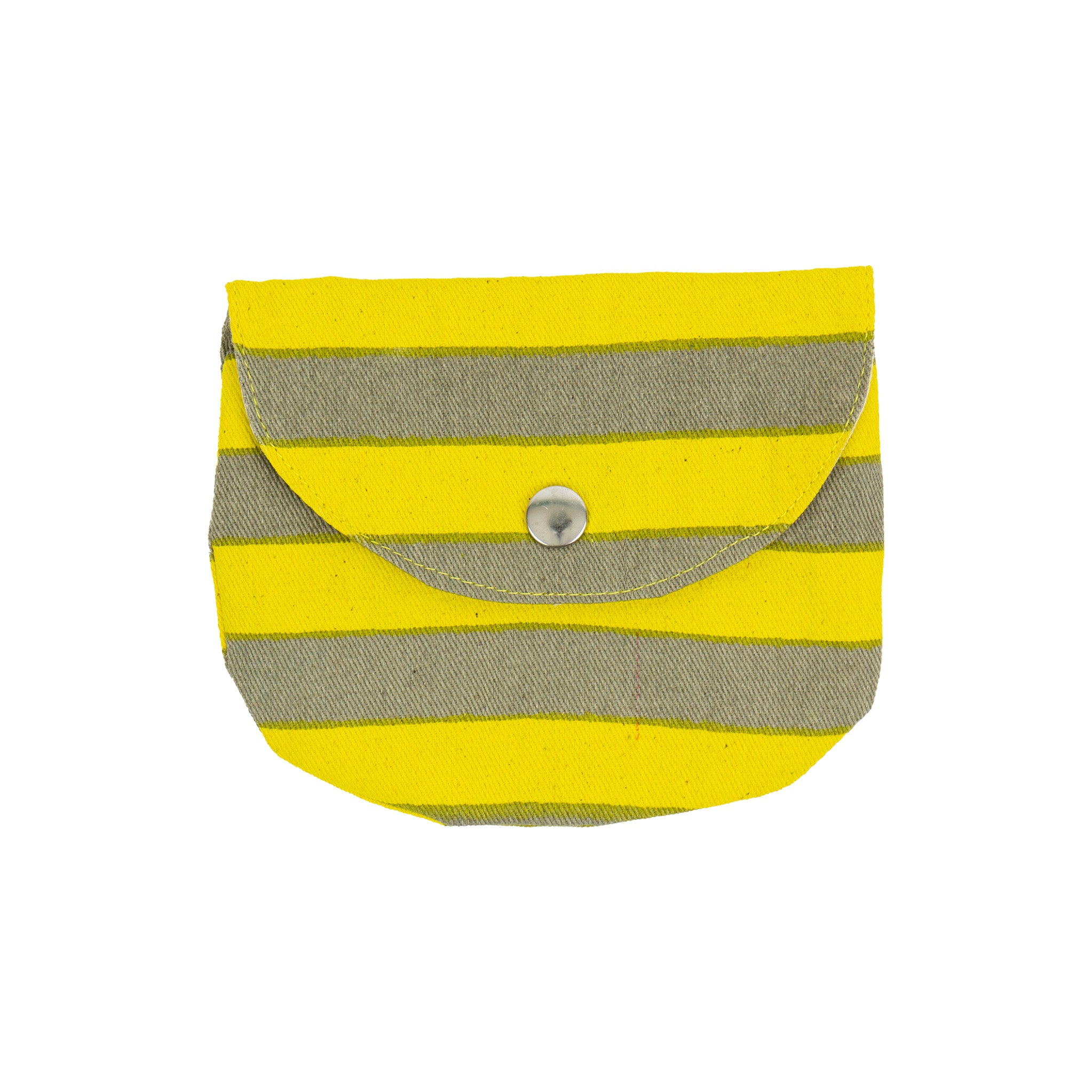 Randa Purse by A World of Craft in yellow-and-gray striped cotton with snap closure, Fair Trade handmade in India—perfect for cards, coins, or gummy bears.