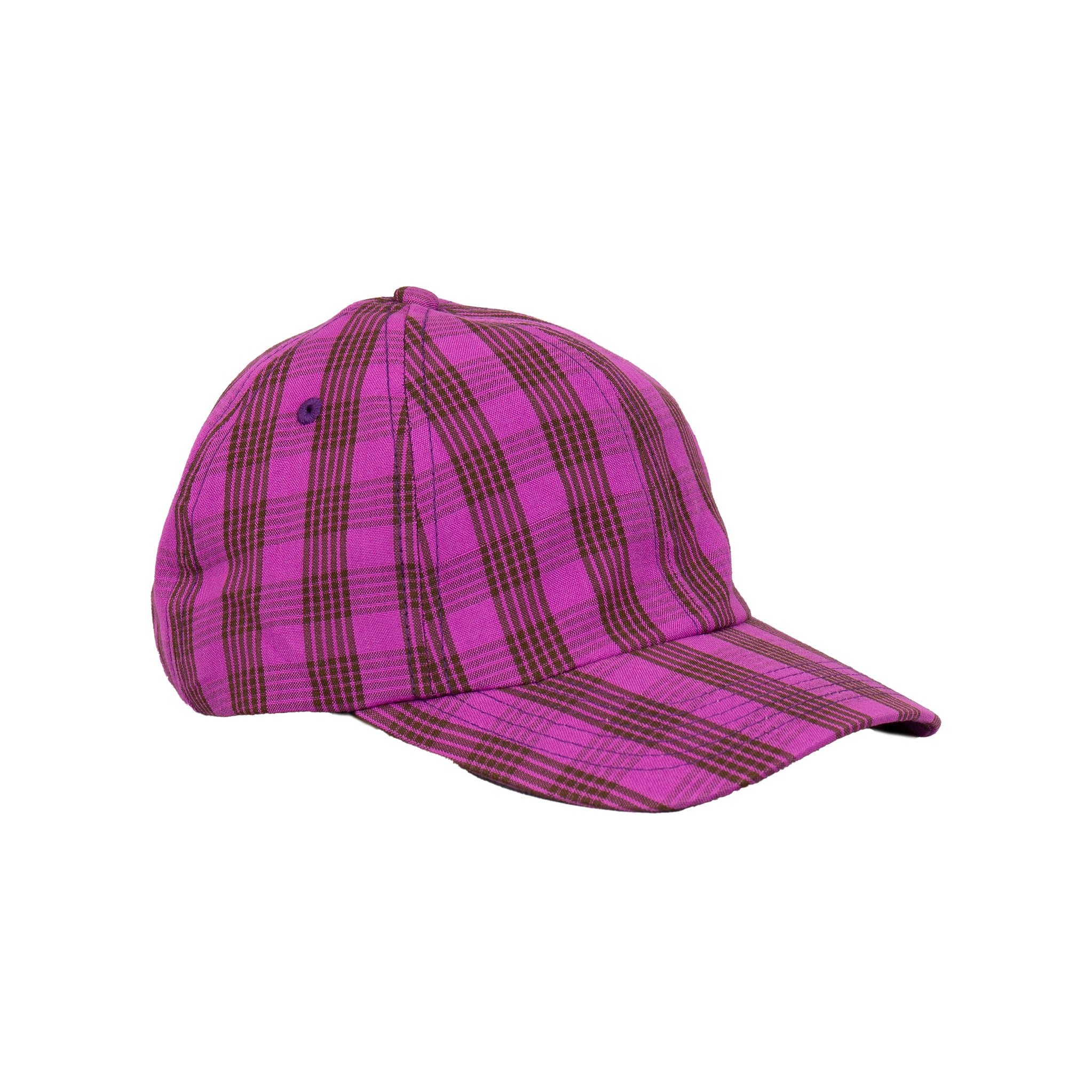 Ruta Cap in lilac and brown organic cotton checks, Fair Trade handmade in Bangladesh.