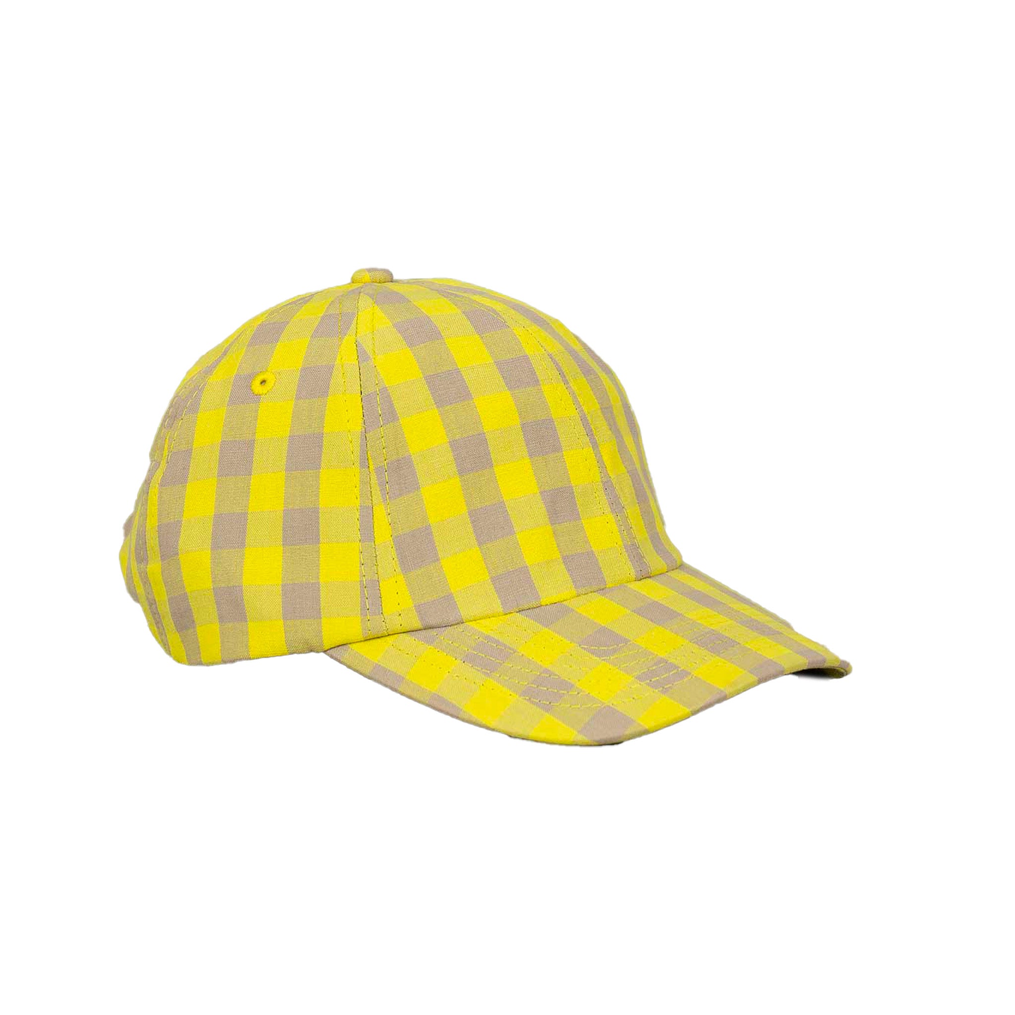 Ruta Cap in yellow and beige organic cotton checks, Fair Trade handmade in Bangladesh.