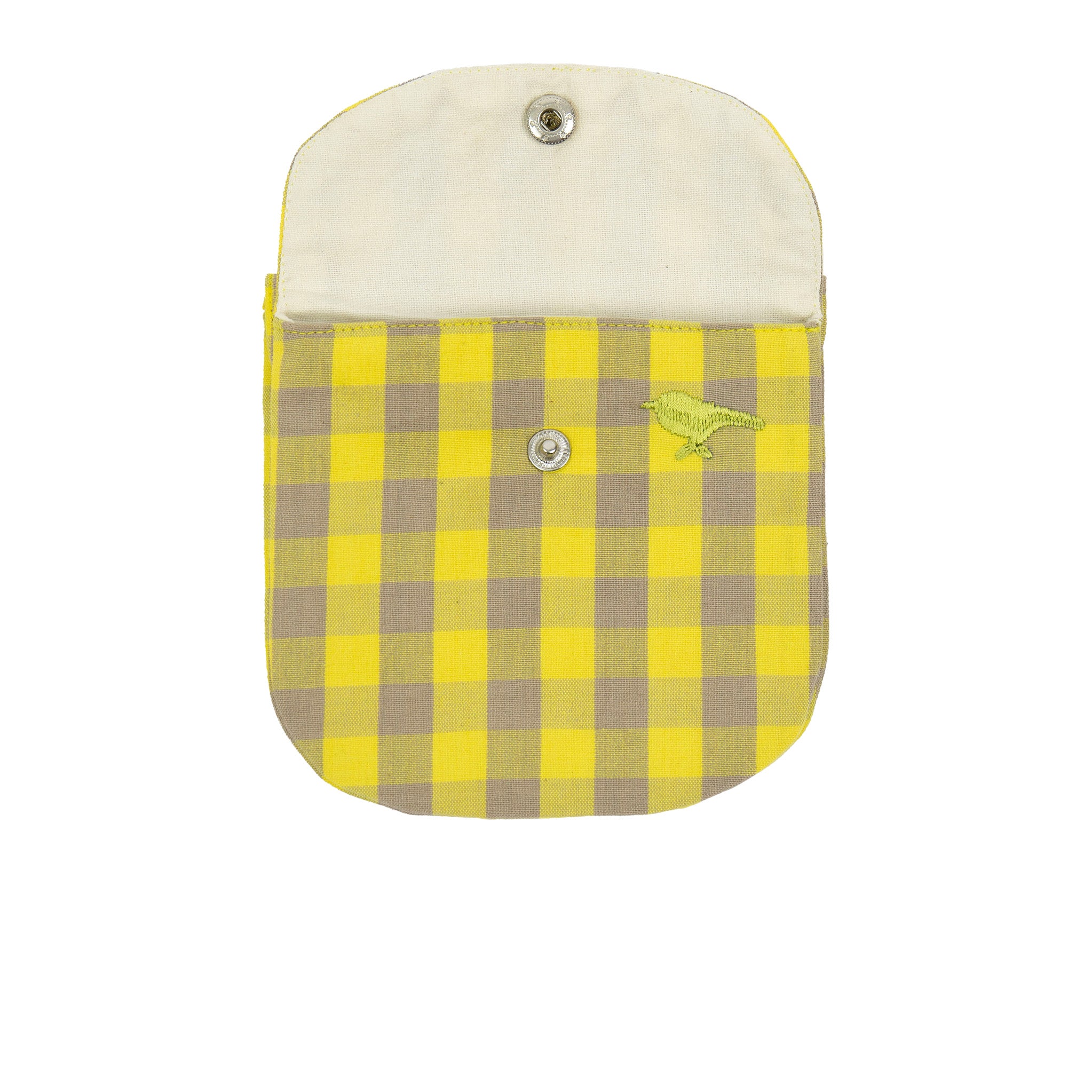 Ruta Purse in classic yellow/beige check pattern, organic cotton with hand-embroidered yellow bird, Fair Trade handmade in Bangladesh.