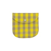 Ruta Purse in classic yellow/beige check pattern, organic cotton with hand-embroidered yellow bird, Fair Trade handmade in Bangladesh.