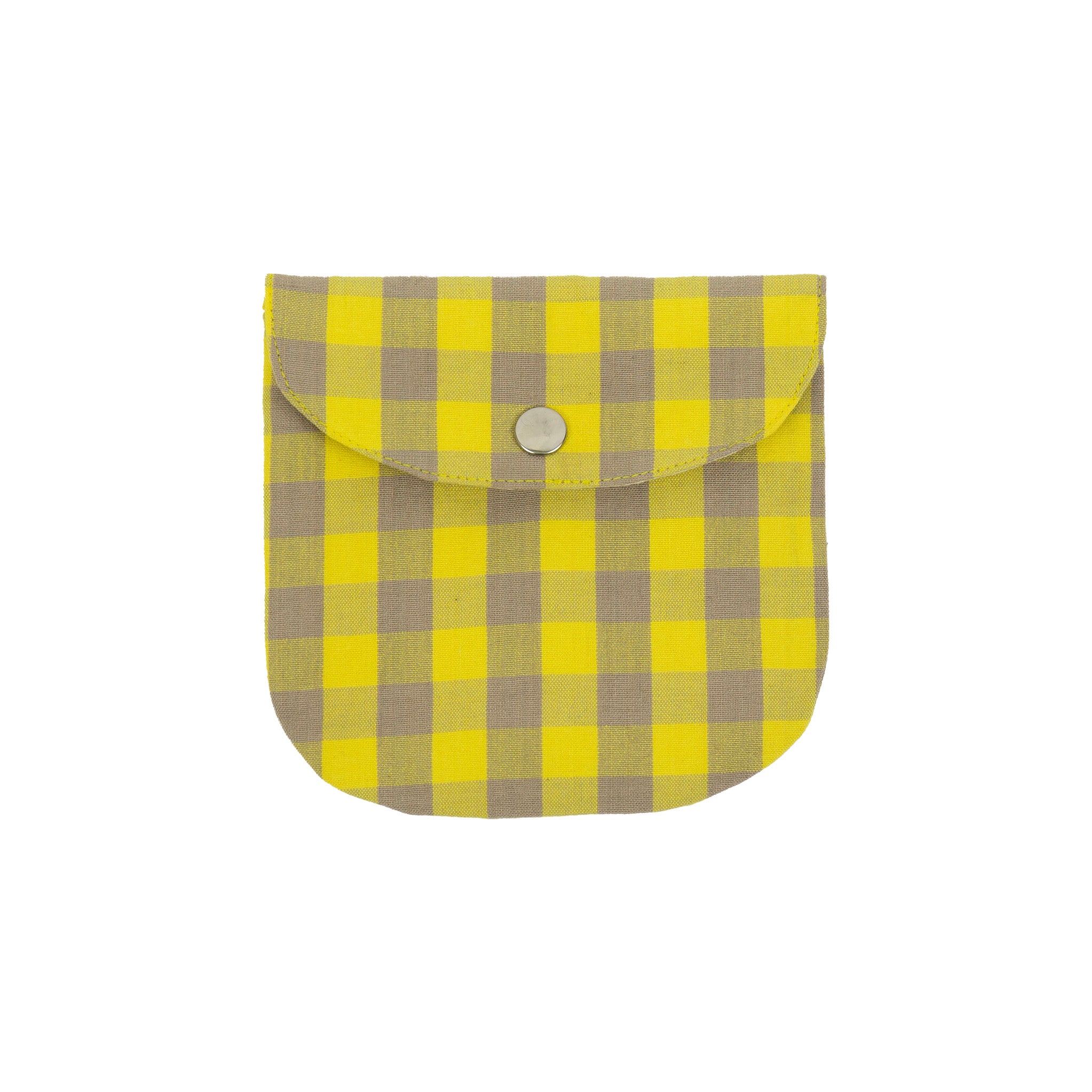 beige check pattern, organic cotton with hand-embroidered yellow bird, Fair Trade handmade in Bangladesh.