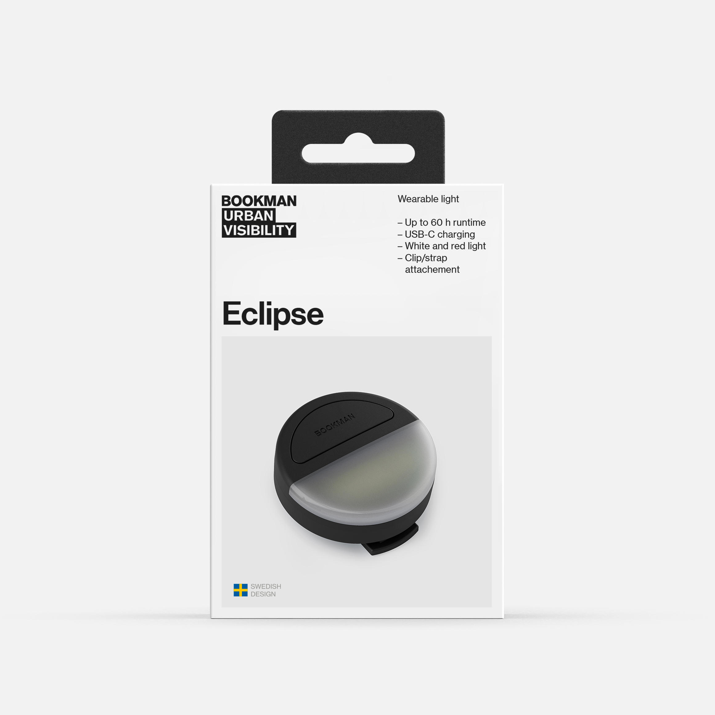 Stay visible with the Bookman Eclipse Safety Light—compact, rechargeable, and designed in Sweden. Featuring six light modes, runtimes up to 60 hours, and versatile mounting for running, cycling, hiking, or walking.