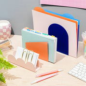 Poketo Forms Desk Organizer Set of 3 in blue dome, coral slant, and pink scallop shapes. Hand-painted metal organizers for stylish desks.