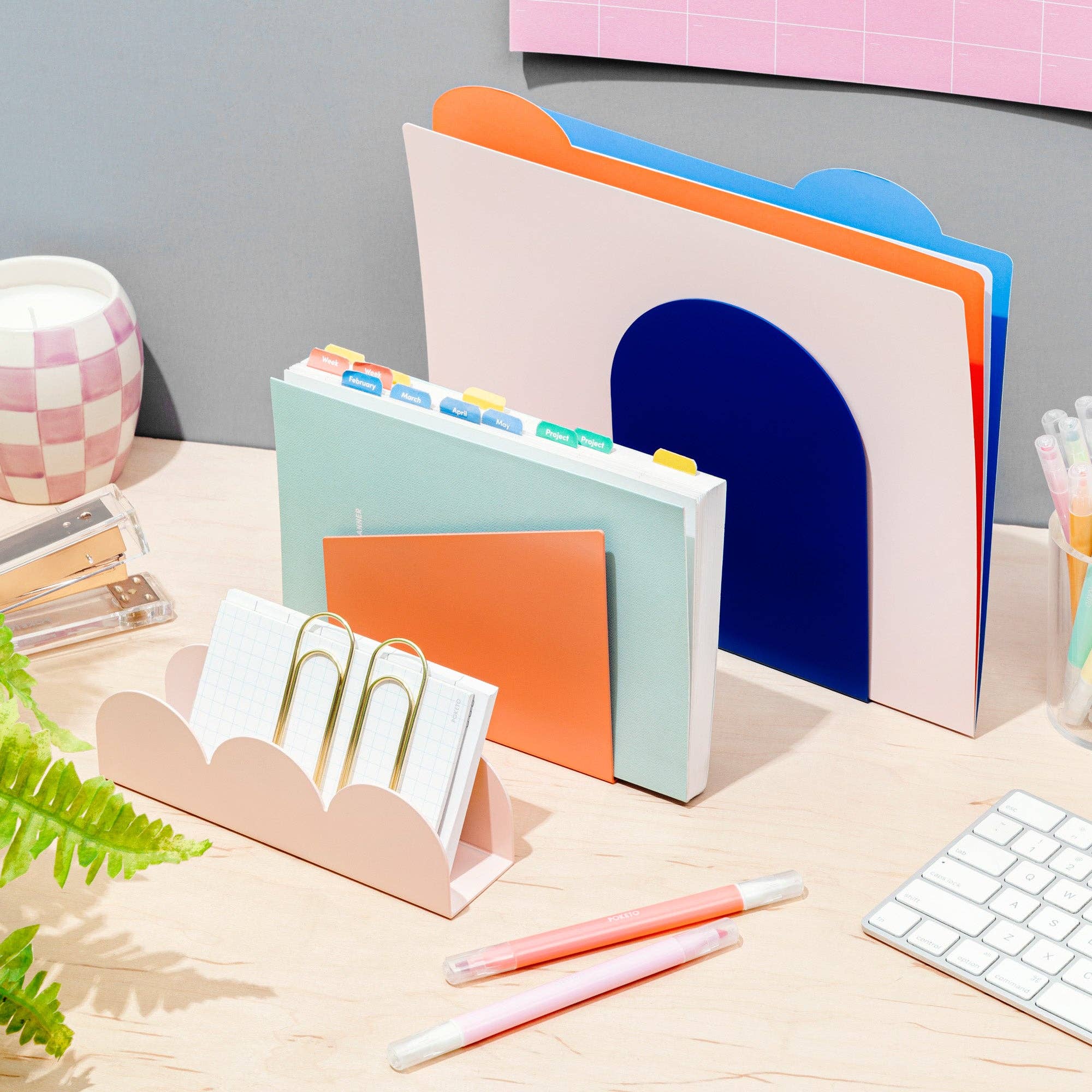 Poketo Forms Desk Organizer Set of 3 in blue dome, coral slant, and pink scallop shapes. Hand-painted metal organizers for stylish desks.