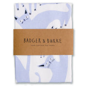 Lavender Cats Tea Towel by Badger & Burke featuring a screen-printed collection of lavender cats in assorted shapes and sizes on white cotton.