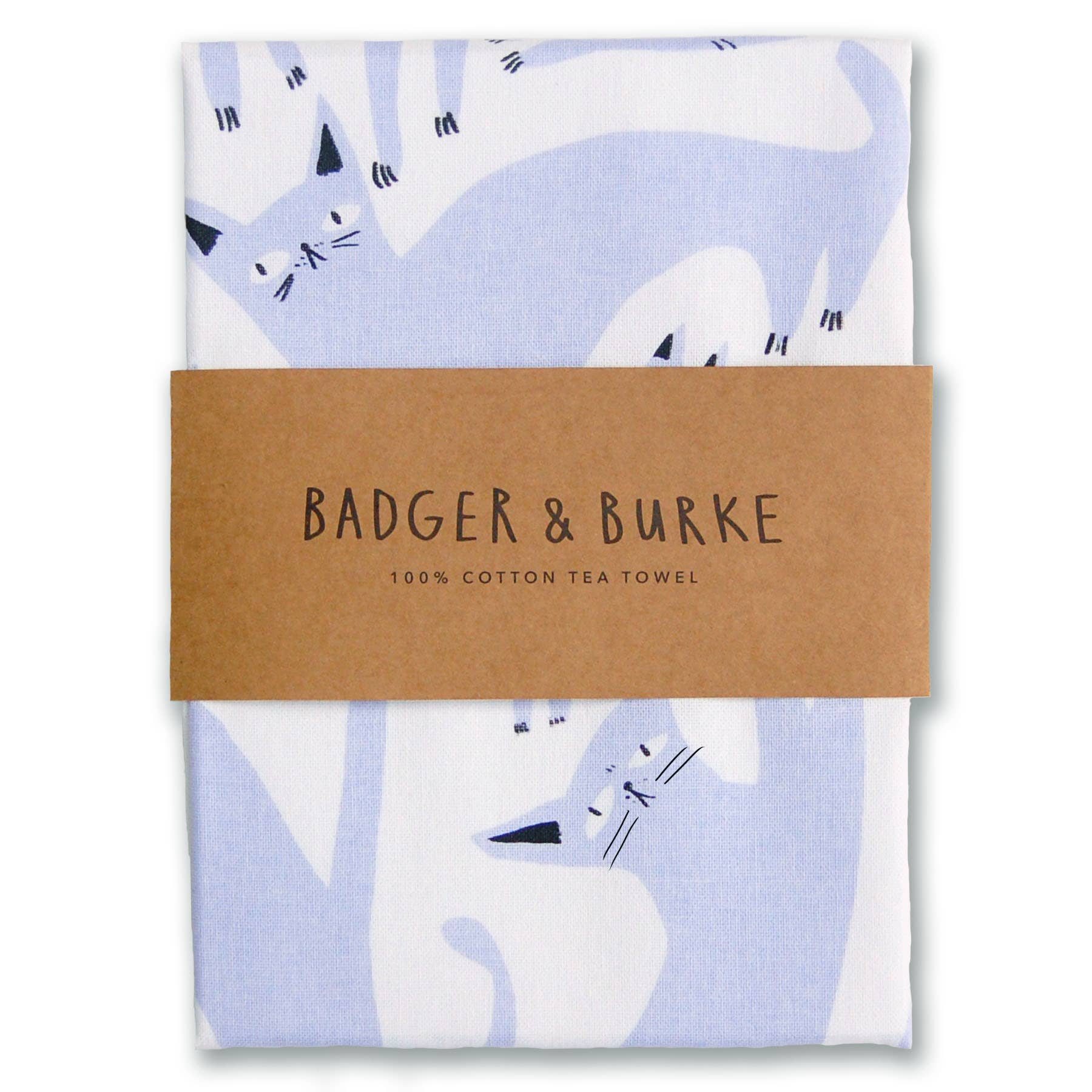 Lavender Cats Tea Towel by Badger & Burke featuring a screen-printed collection of lavender cats in assorted shapes and sizes on white cotton.