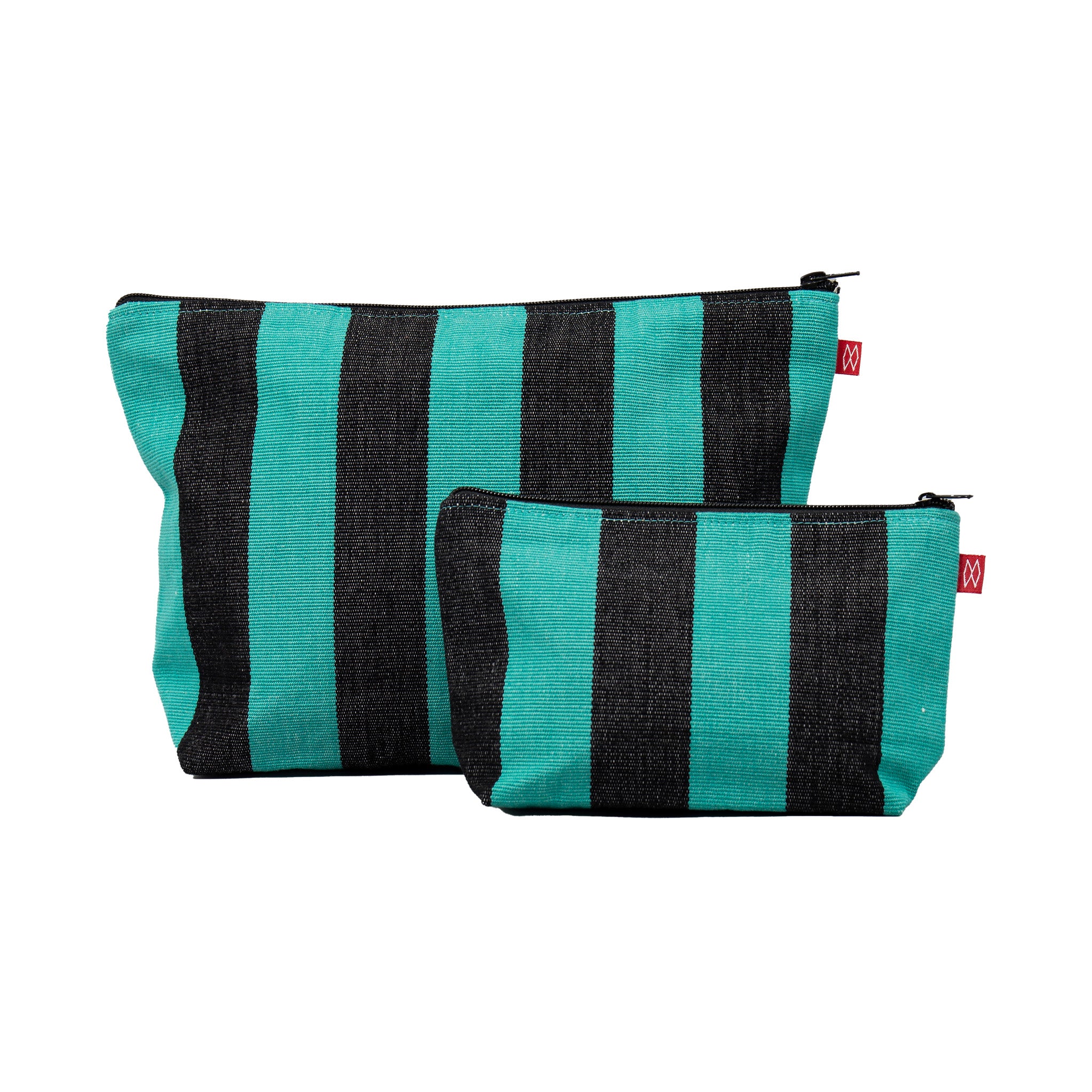 Carla Toilet Bag by A World of Craft in black and turquoise handwoven cotton stripes with nylon lining, Fair Trade handmade in Guatemala.