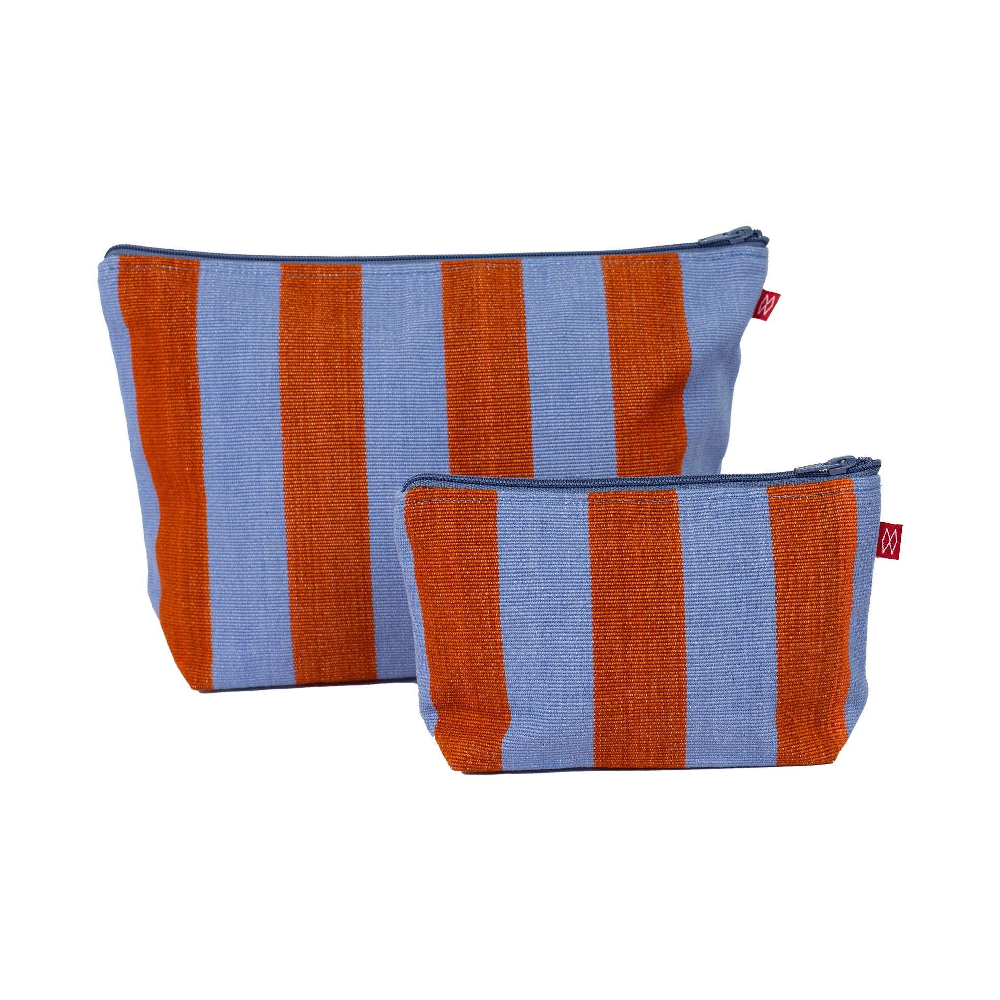 Carla Toilet Bag by A World of Craft in blue and brown handwoven cotton stripes with nylon lining, Fair Trade handmade in Guatemala.