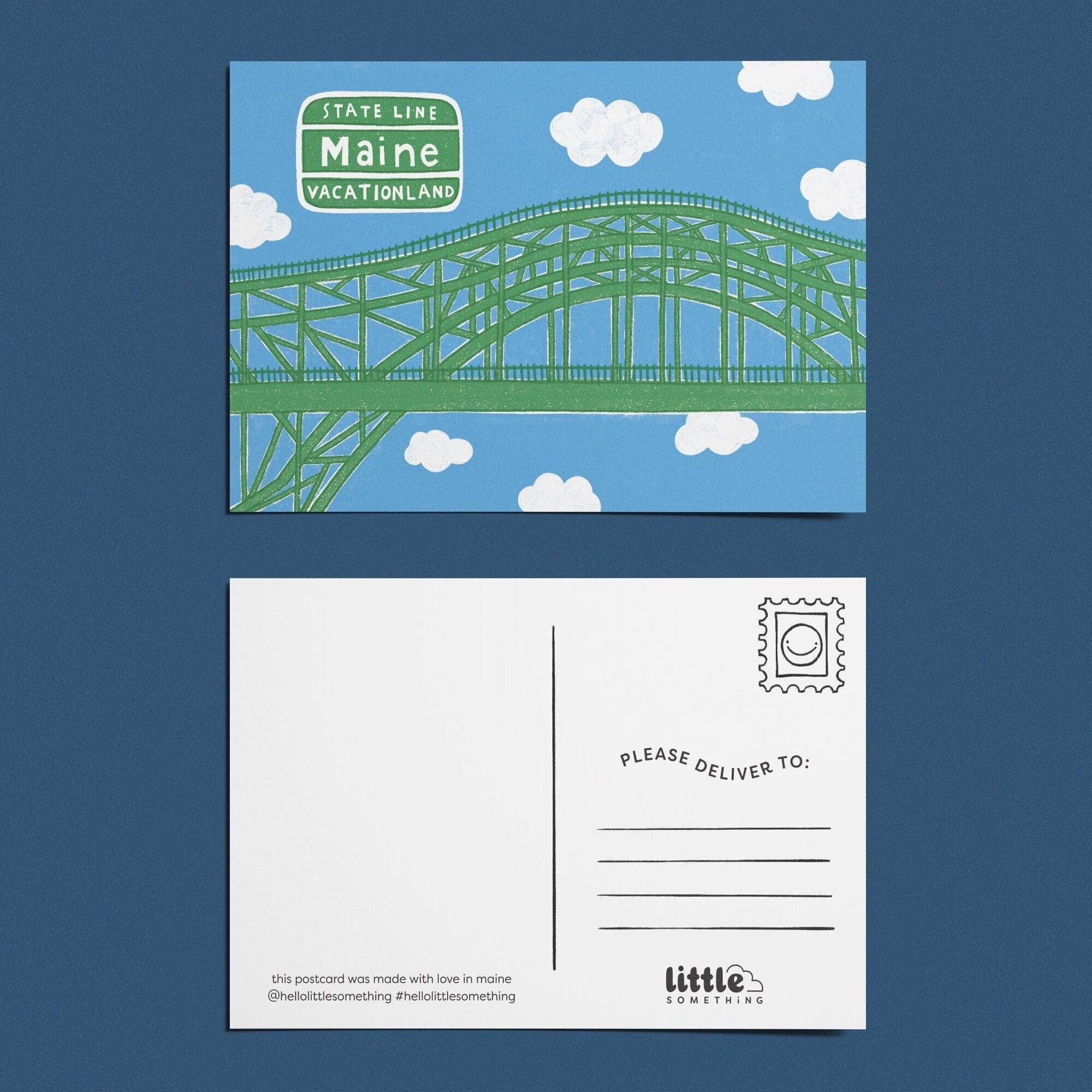 Little Something Co. Maine Vacationland Postcard featuring an illustrated Piscataqua River Bridge welcome into Maine.
