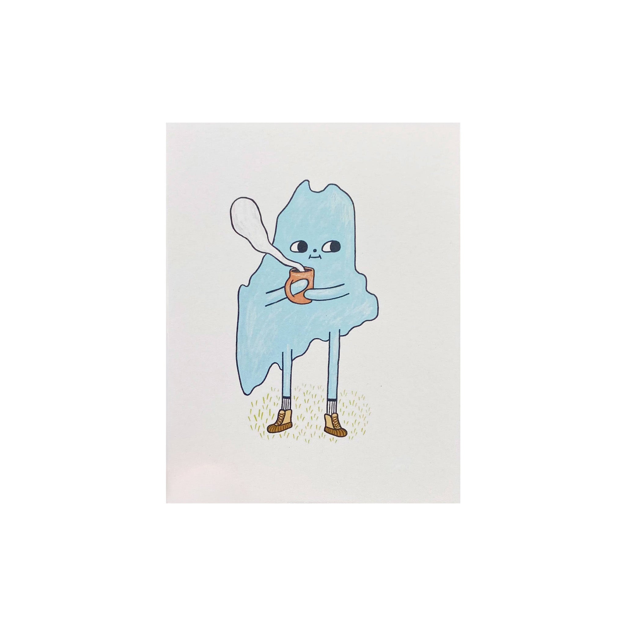 Cozy Maine Postcard by Allison McKeen featuring a blue illustrated character bundled up and holding a warm mug with “Maine” lettering.