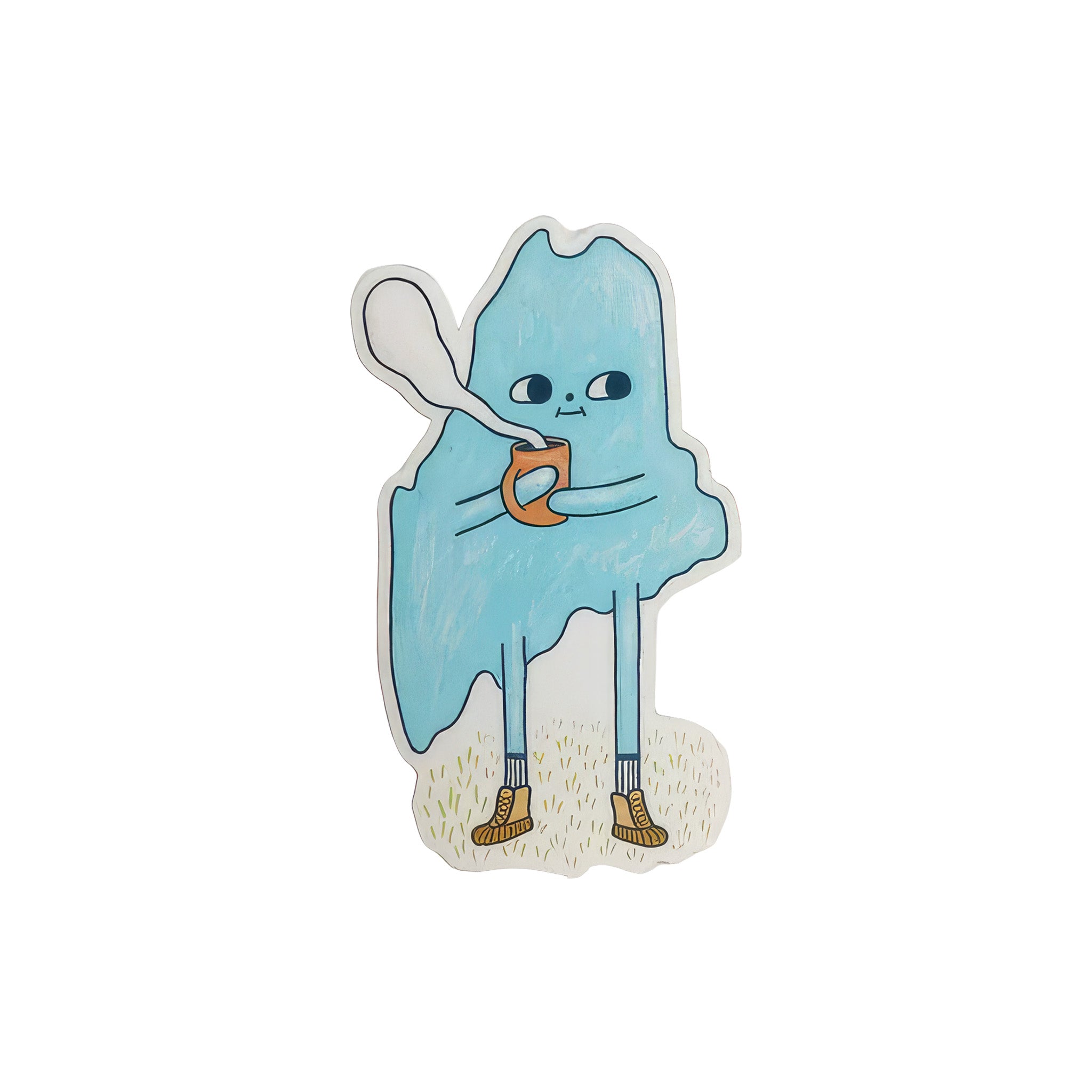 Cozy Maine Sticker by Allison McKeen featuring a blue illustrated character holding a warm mug with “Maine” lettering.