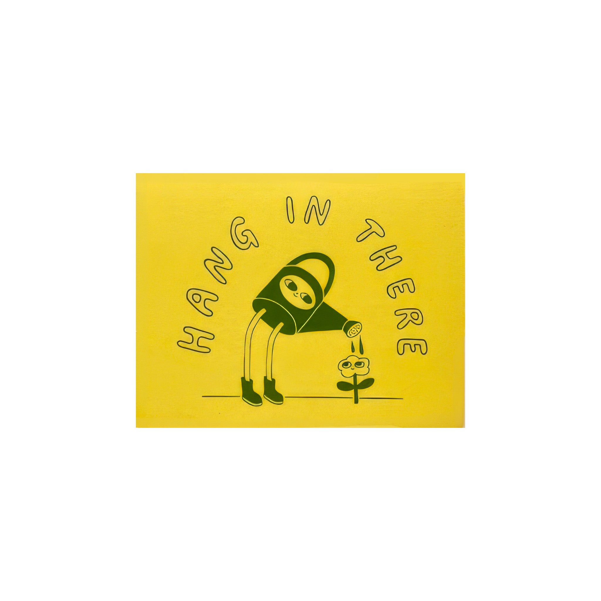 Hang in There Card by Allison McKeen featuring a watering can character watering a small flower on a yellow background.