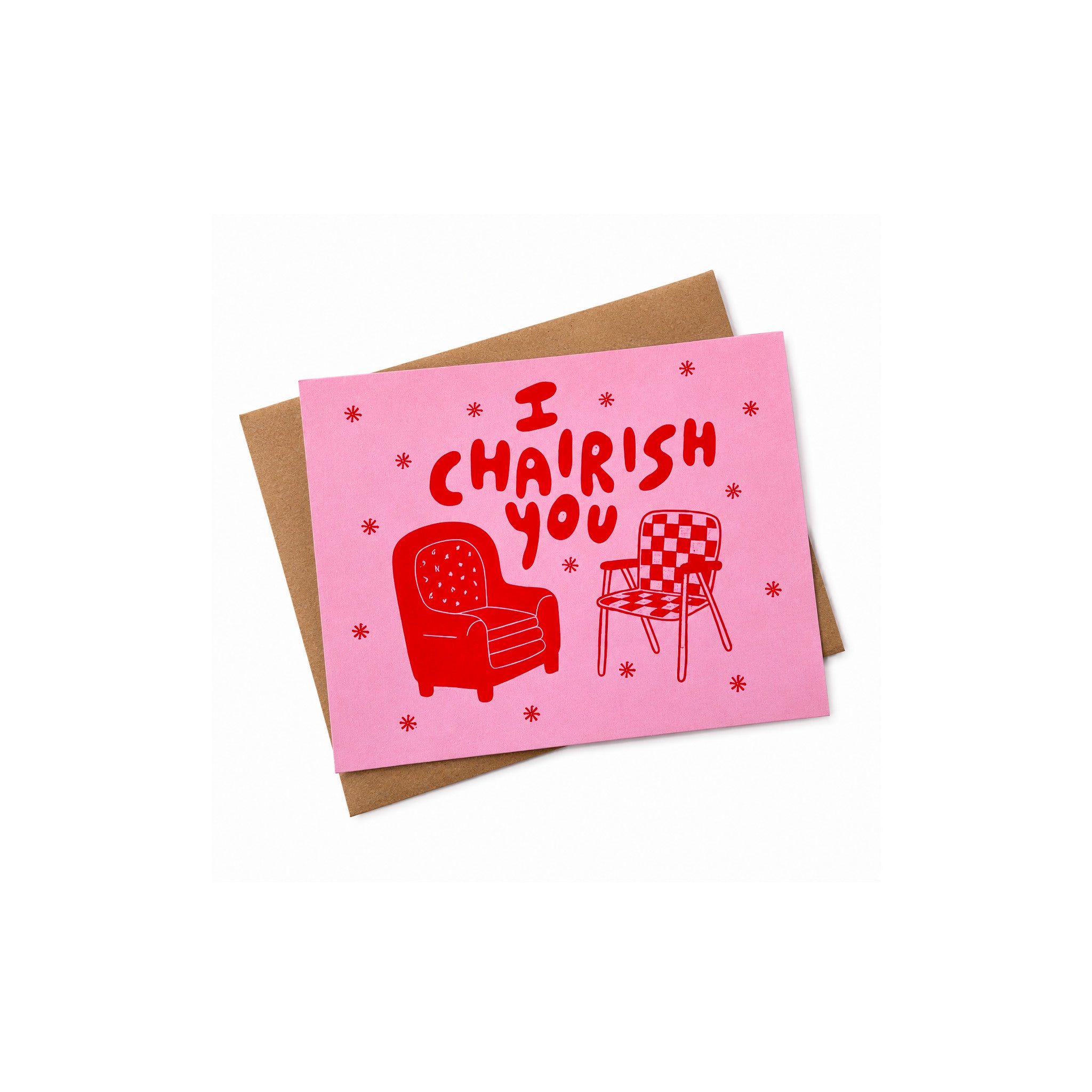 I Chairish You Card by Allison McKeen featuring red chair illustrations and hand-lettered “I Chairish You” text on a pink background.
