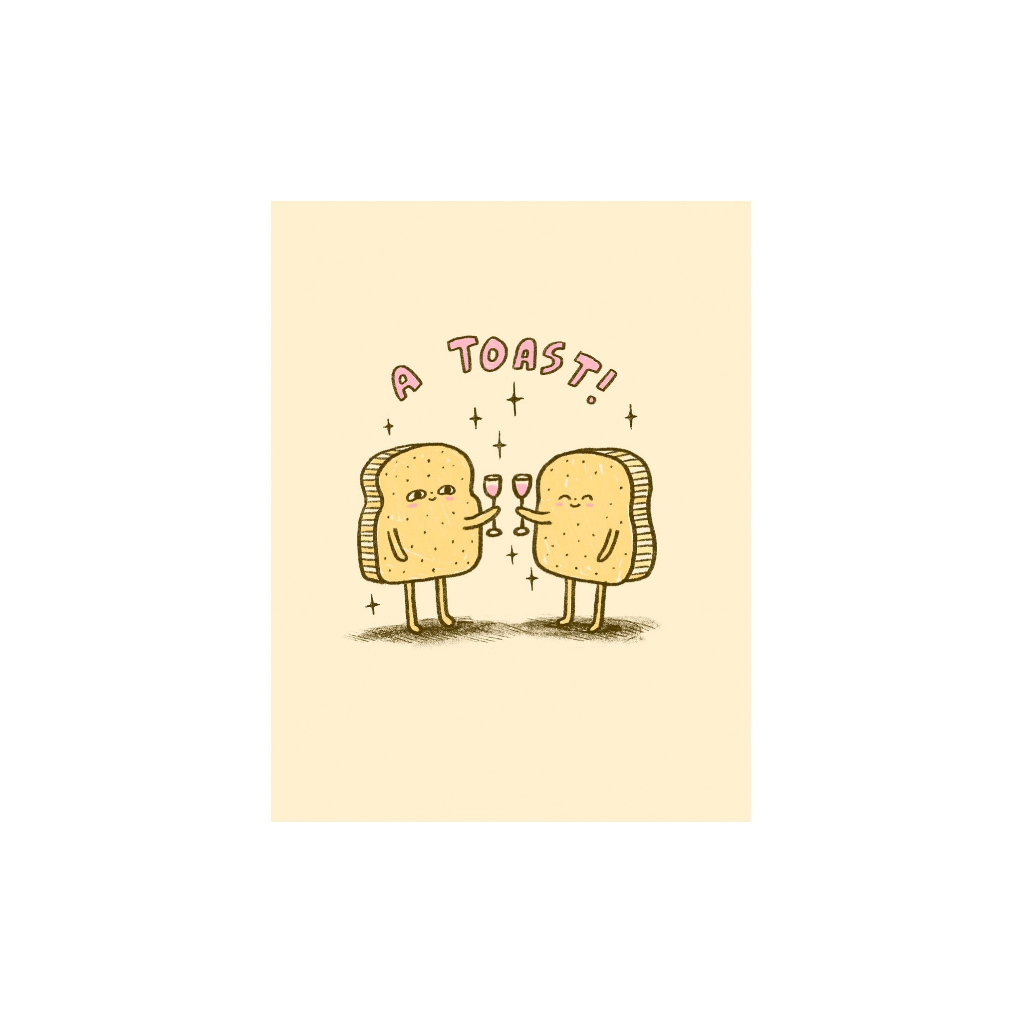 Toast Card by Allison McKeen featuring two illustrated slices of toast clinking glasses beneath pink “A Toast!” lettering.