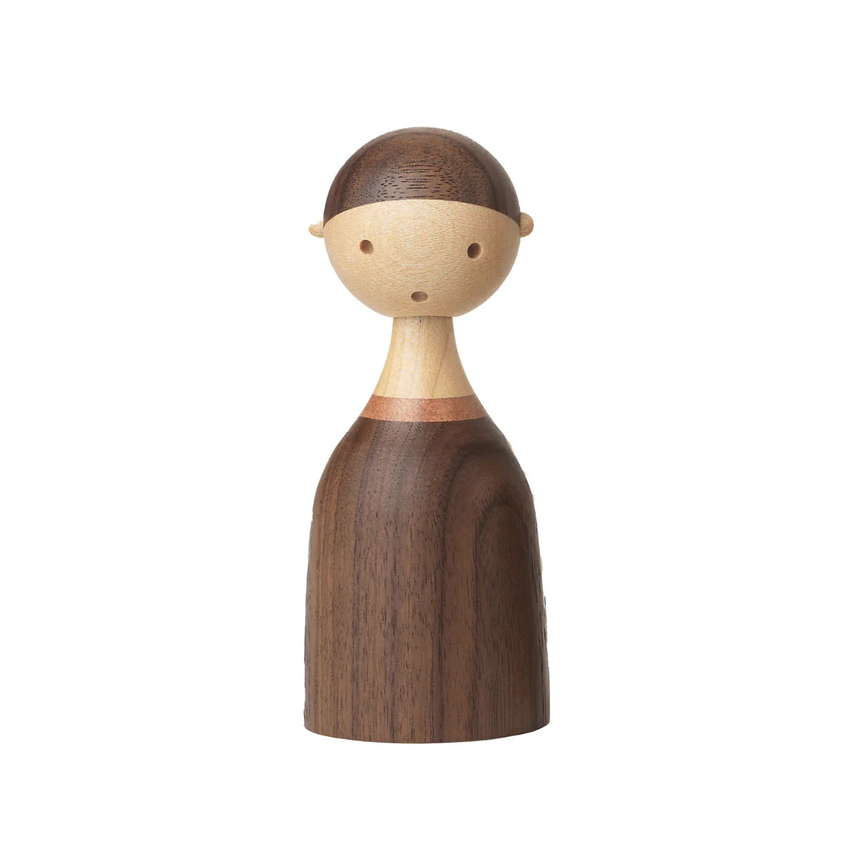Architectmade Kin figurines by Lars Beller Fjetland, handmade in walnut, mahogany, and maple with tilting heads, shown in a mix-and-match constellation.
