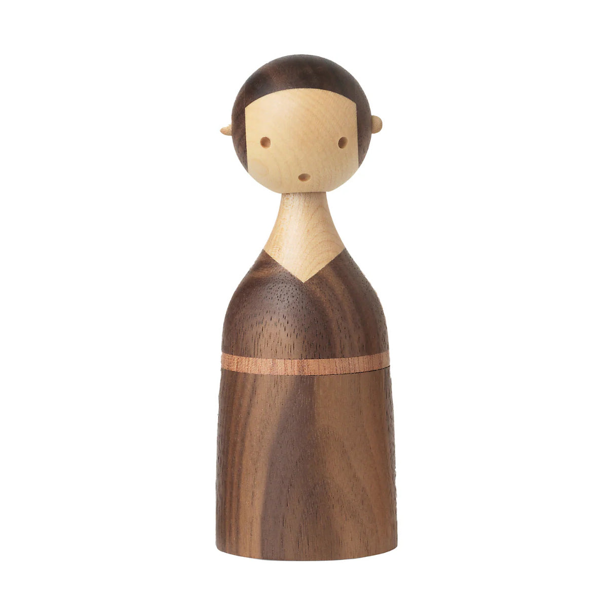 Architectmade Kin figurines by Lars Beller Fjetland, handmade in walnut, mahogany, and maple with tilting heads, shown in a mix-and-match constellation.