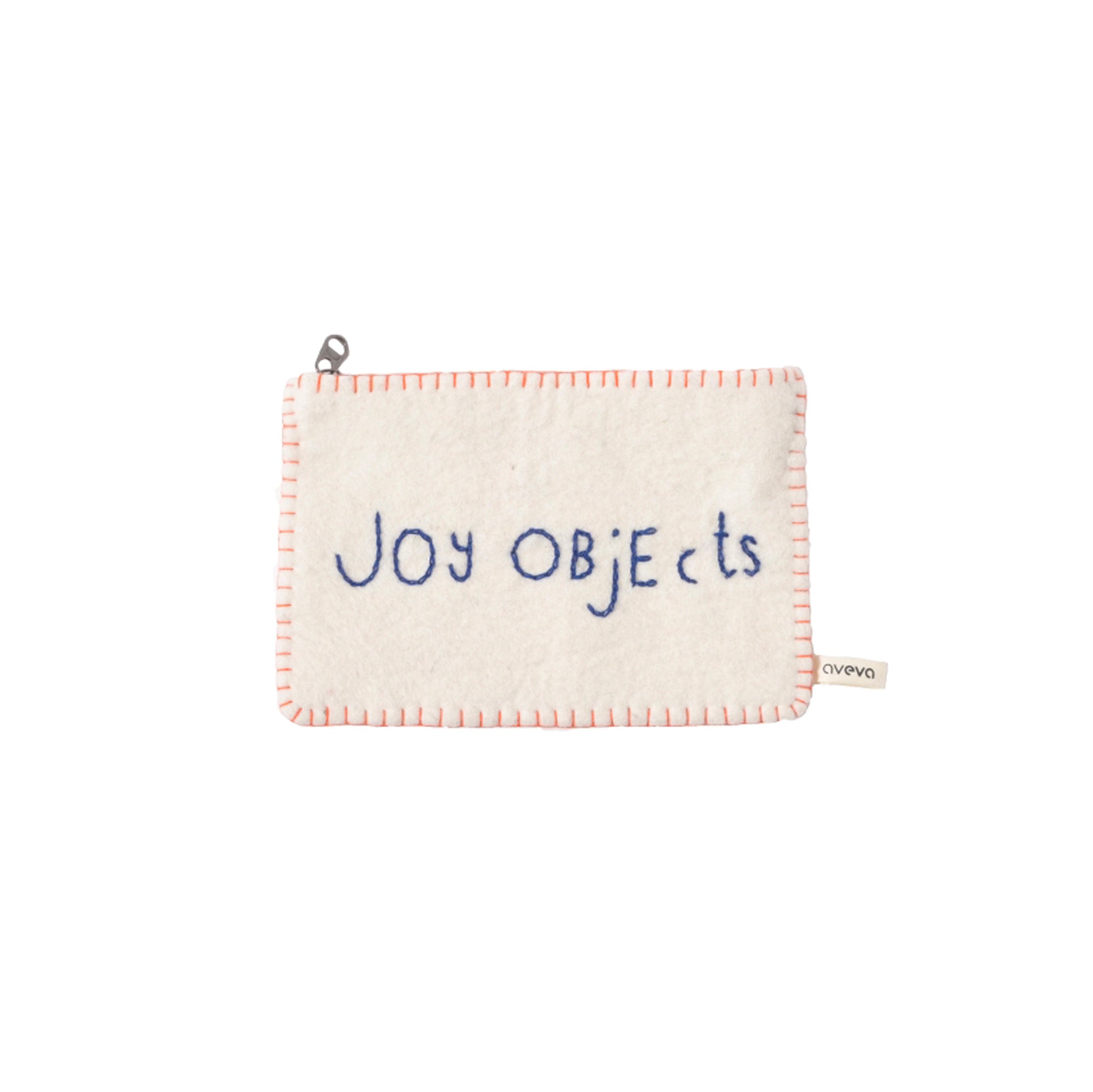 Aveva Design “Just in Case” pouch, handmade from 100% wool. Available in Joy Objects embroidery or green striped design, with zipper closure.