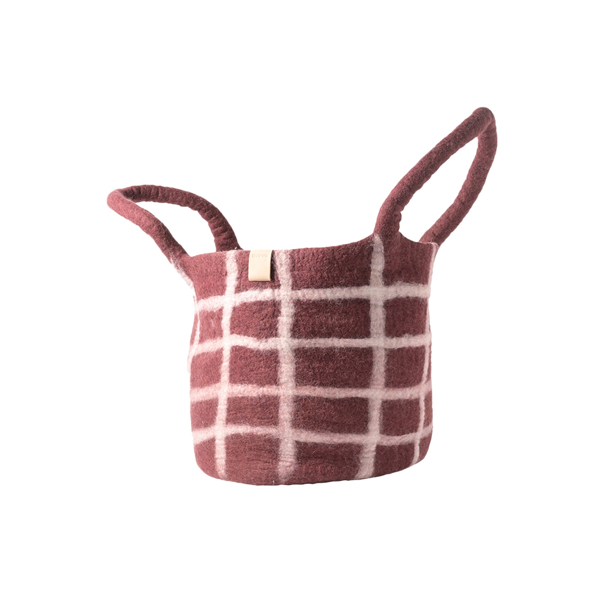 Aveva Design Wool Basket, handmade in Nepal from 100% wool with Swedish leather tag. Round handled basket for storing blankets, toys, or firewood.