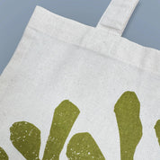 Rockweed Tote Bag by Kautzi Illustrations with an olive green rockweed motif screen-printed on natural cotton.