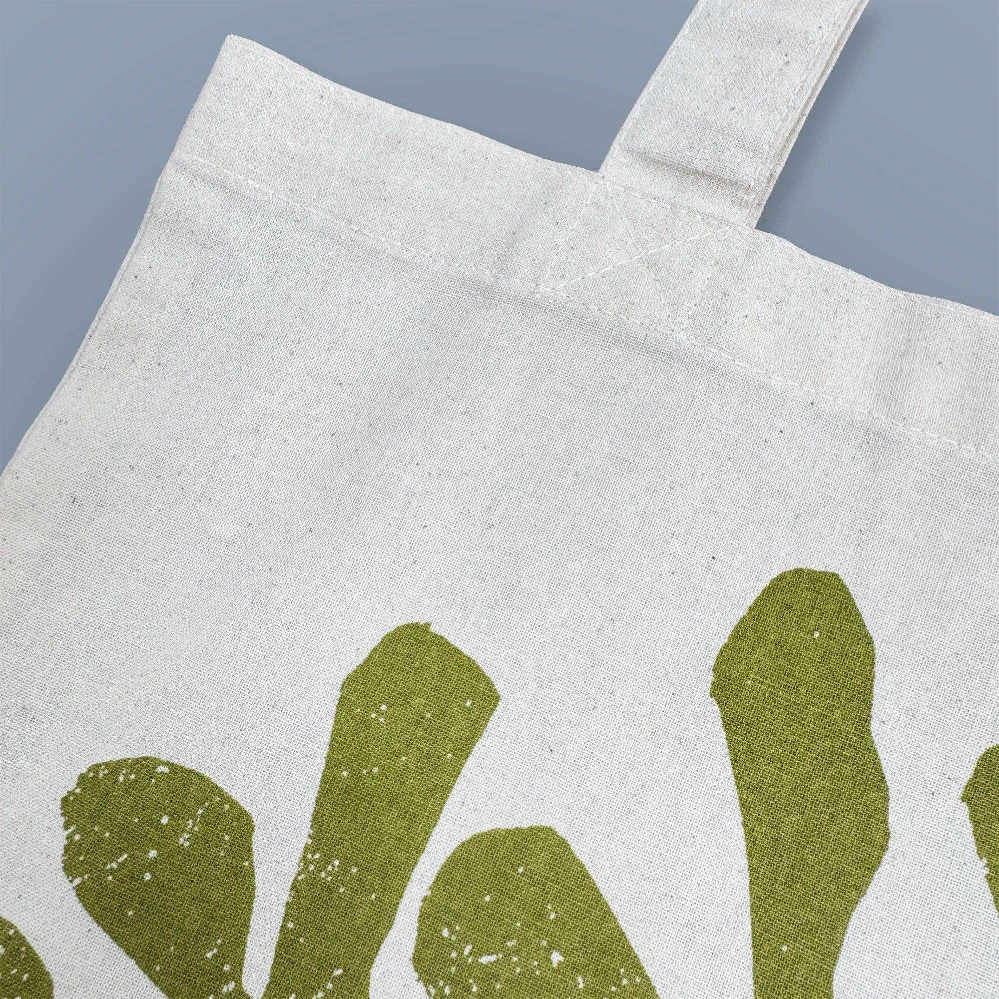 Rockweed Tote Bag by Kautzi Illustrations with an olive green rockweed motif screen-printed on natural cotton.
