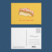 Little Something Co. Lobster Roll Postcard featuring an illustrated Maine lobster roll with lemon wedge and “Wish You Were Here!” on a yellow background.
