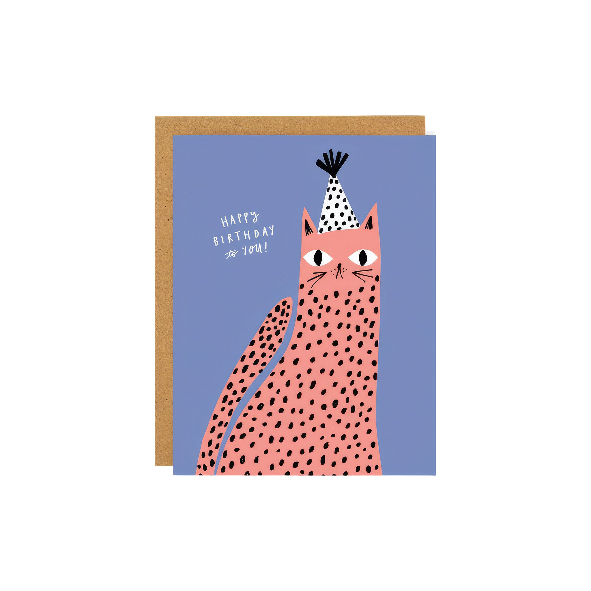 Spotted Cat Birthday Card by Badger & Burke featuring a pink spotted cat wearing a black-and-white party hat on a blue background.