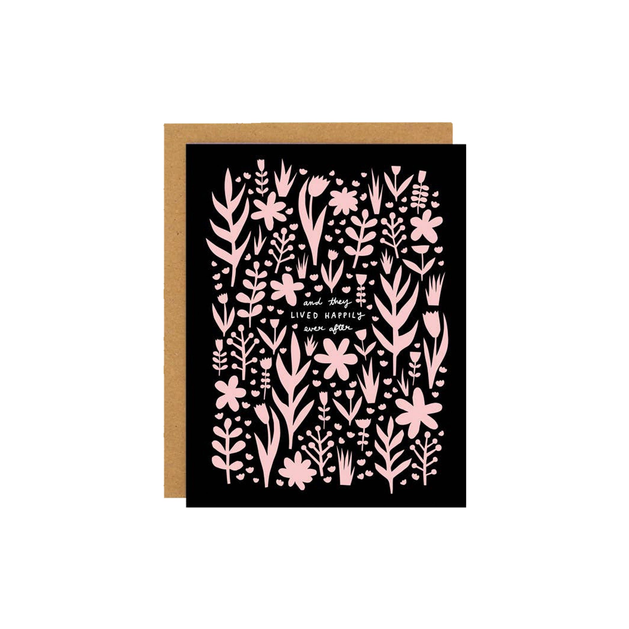 Badger & Burke Wedding Flowers Card. Modern floral wedding card with pink flowers on black background. Blank inside, FSC-certified, made in Canada.