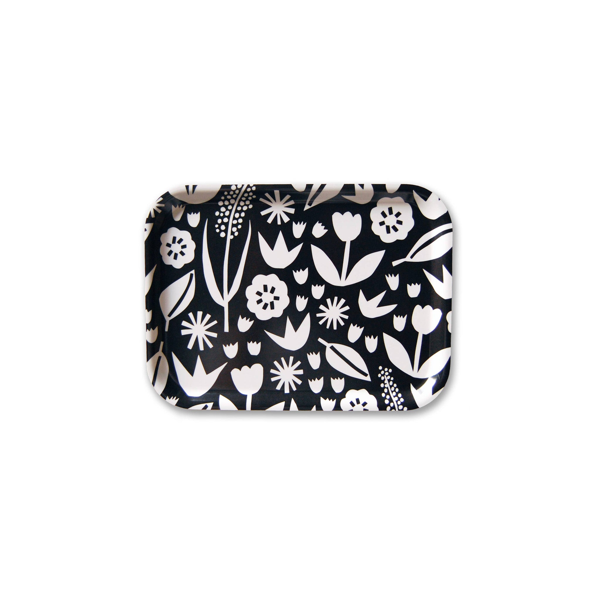 Badger &amp; Birch June Birch Tray, 20 × 27 cm, black-and-white floral design in FSC-certified birch. Handmade in Sweden.