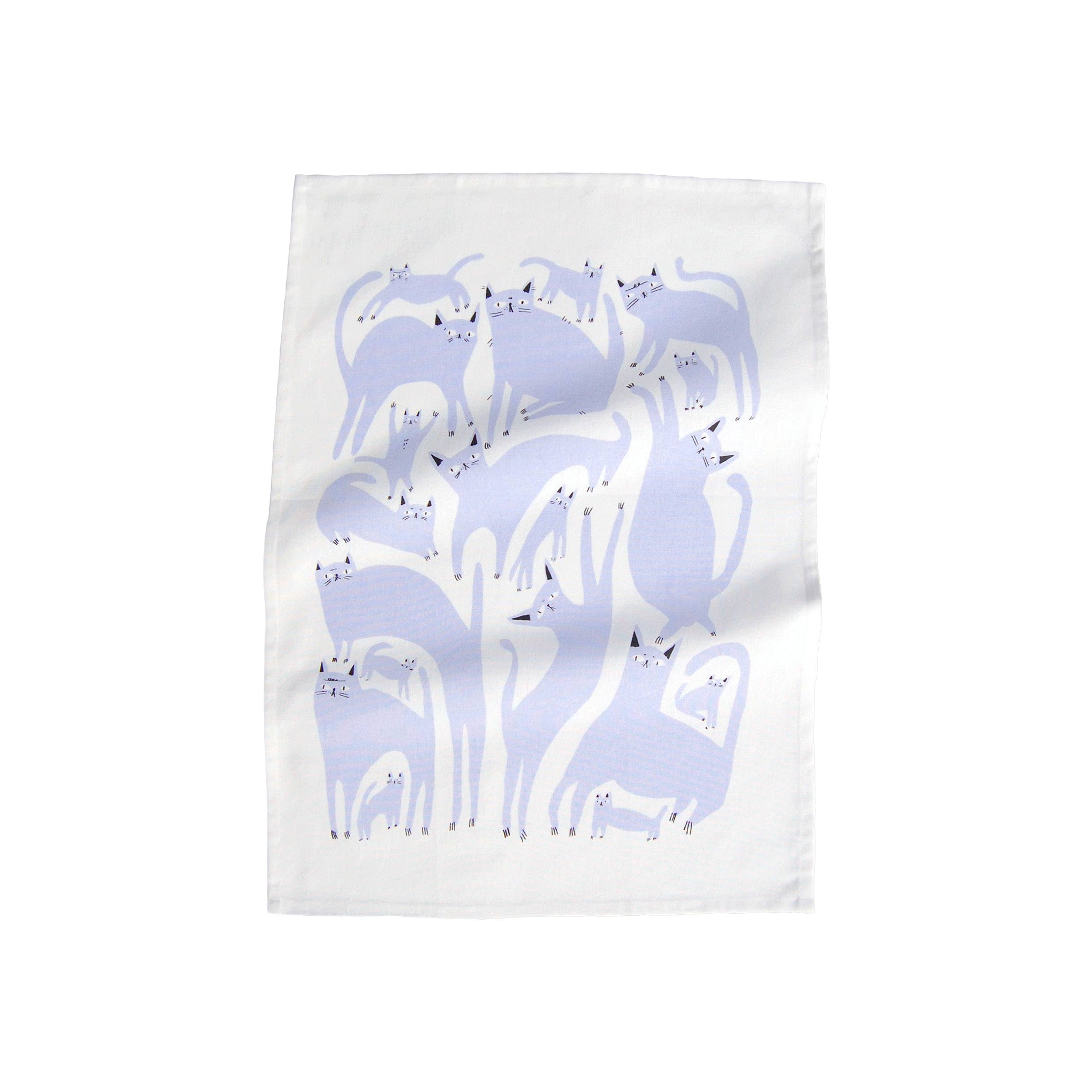 Lavender Cats Tea Towel by Badger & Burke featuring a screen-printed collection of lavender cats in assorted shapes and sizes on white cotton.
