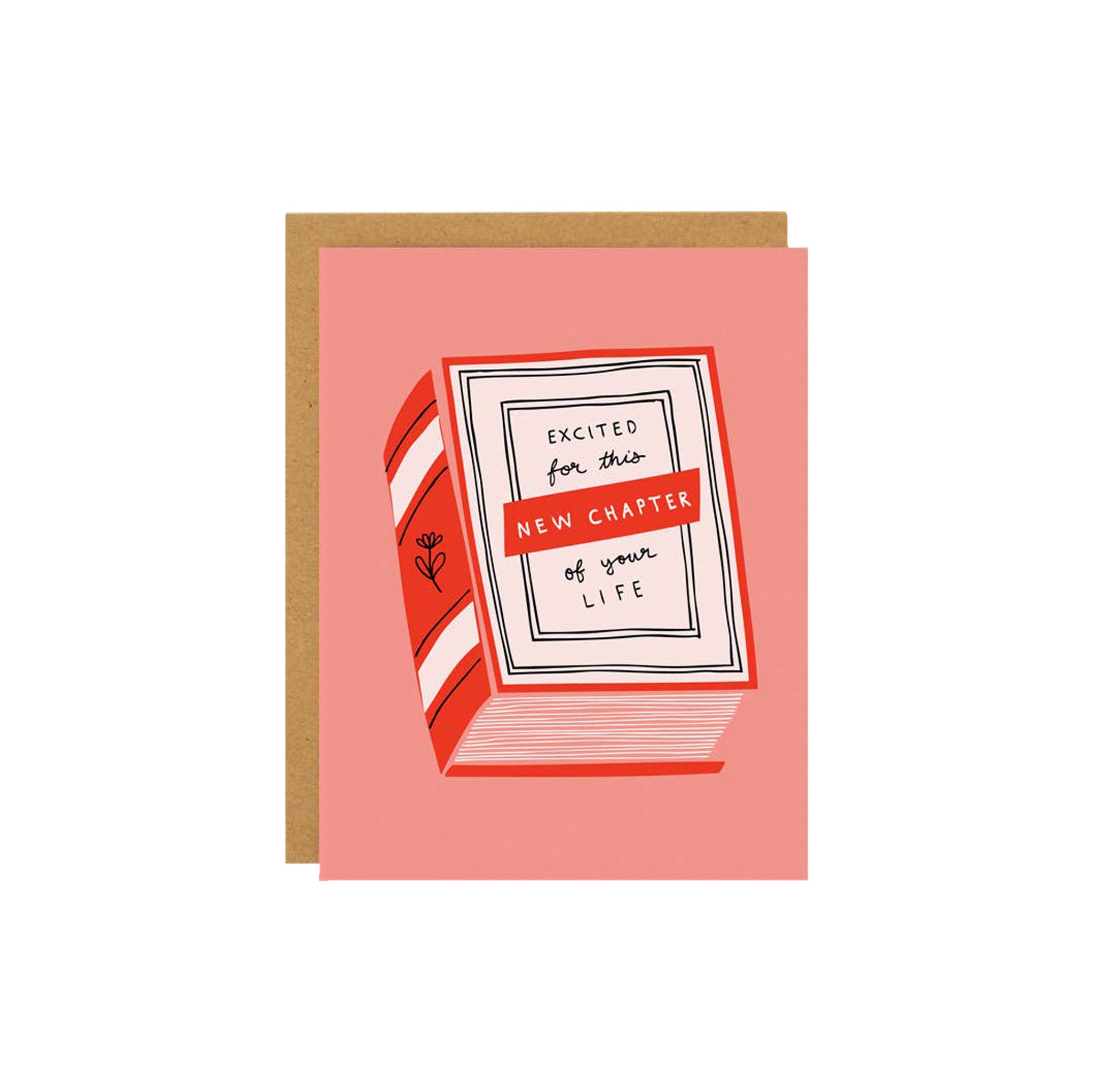 Badger & Burke New Chapter Card featuring an illustrated red and white striped book on a pink background with text reading “Excited for this new chapter of your life.”