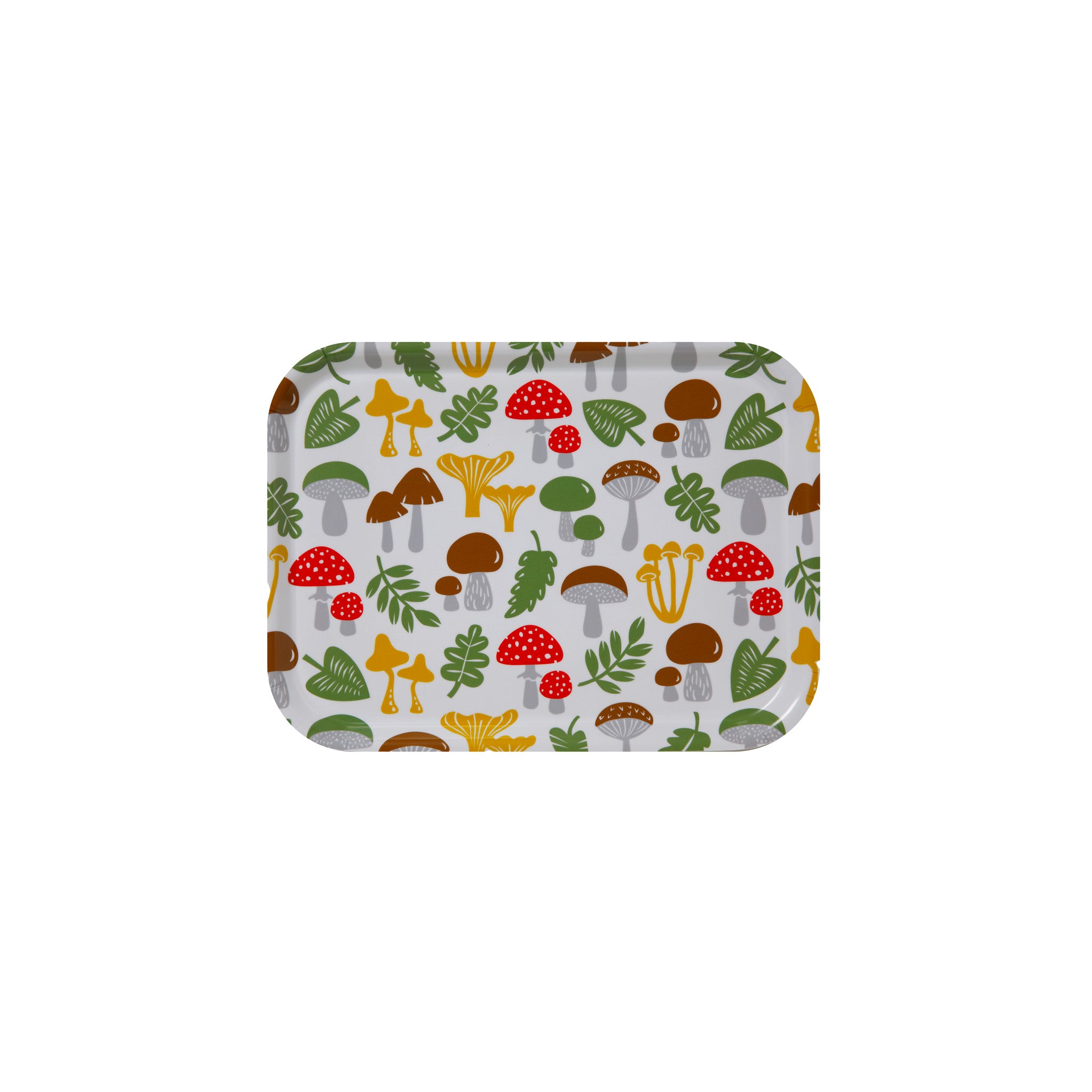 Bengt & Lotta Mushroom Birch Tray, multicolor mushroom print on birch veneer, 27×20 cm, made in Sweden.