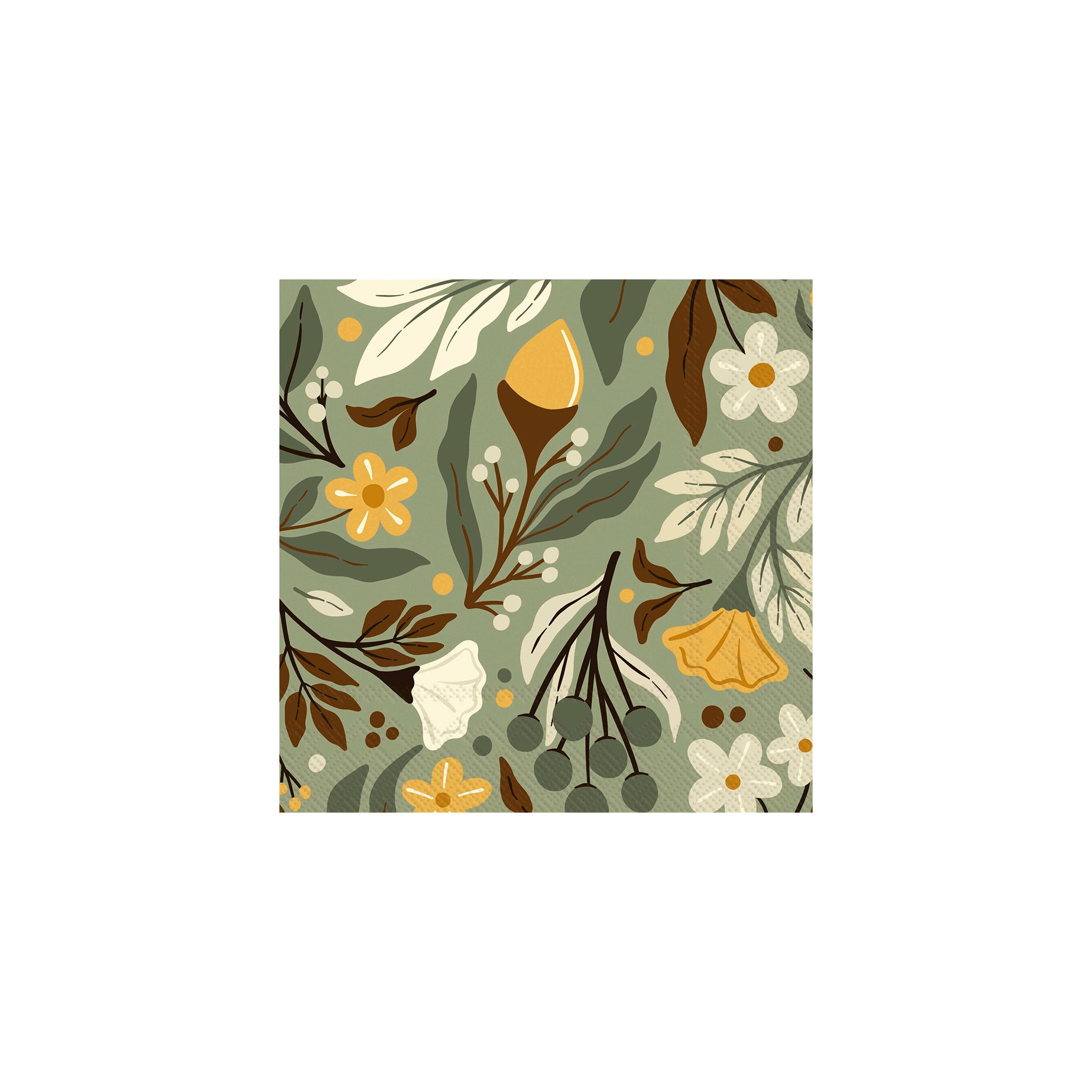 Autumn Acorn paper napkin with acorns, leaves, berries and flowers in sage green, ochre, cream, olive and brown.