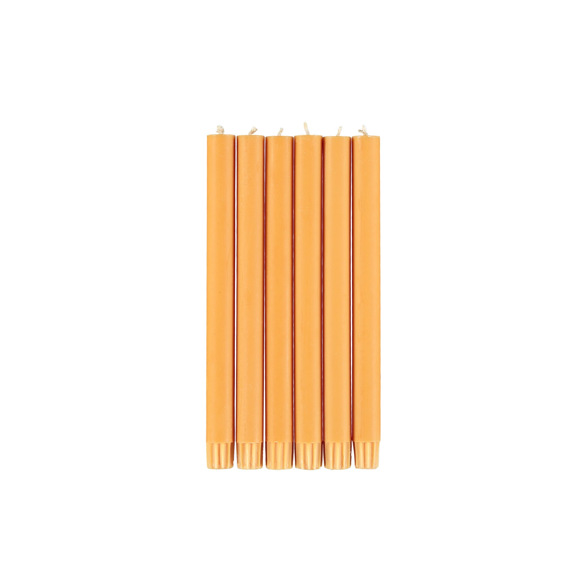 Set of 6 British Colour Standard Eco Dinner Candles in Saffron, 10-inch hand-poured stearin tapers in recyclable gift box.