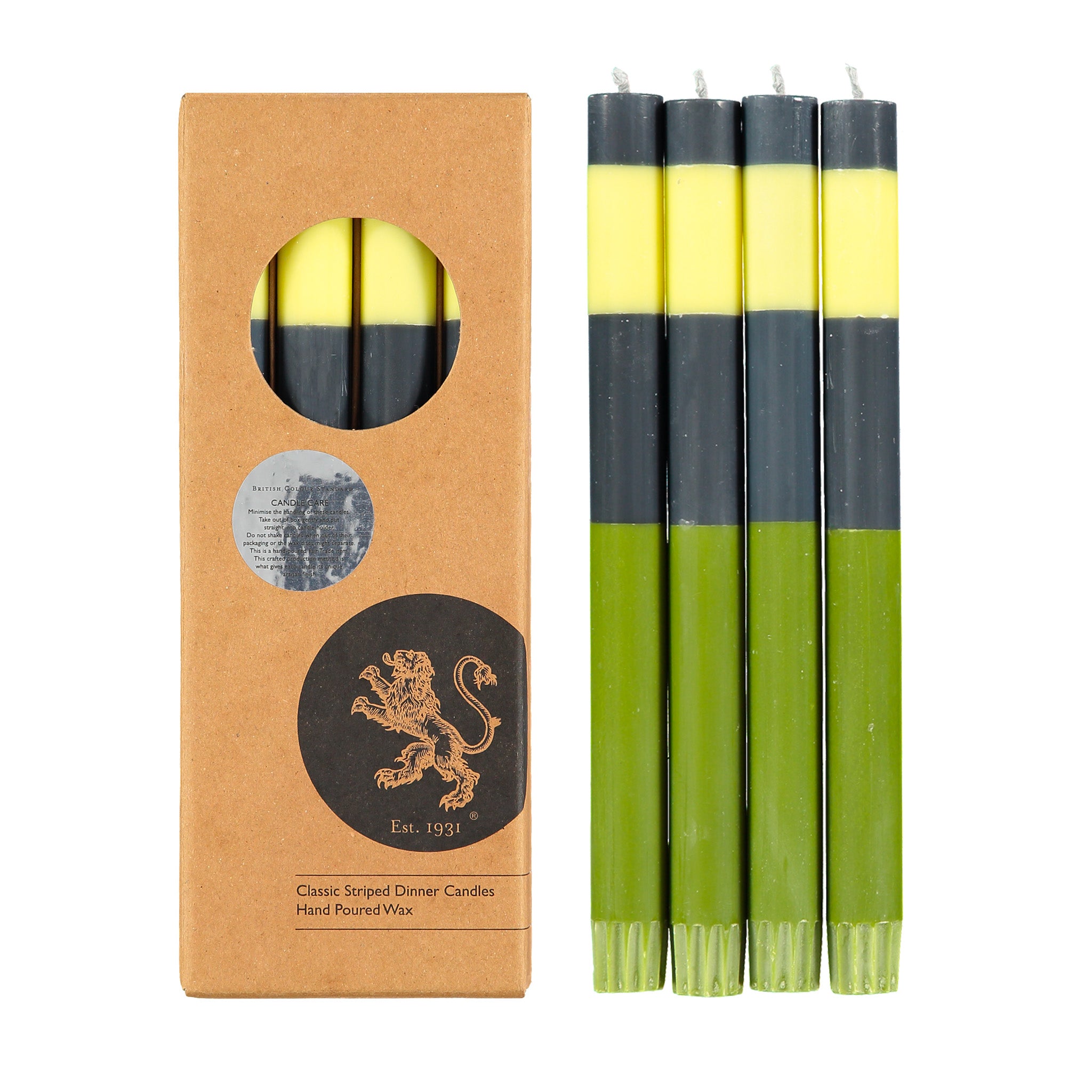Set of 4 British Colour Standard Abstract Striped Eco Dinner Candles in assorted bold striped colorways. 10-inch Fair Trade stearin tapers, clean-burning, drip-free, gift boxed.