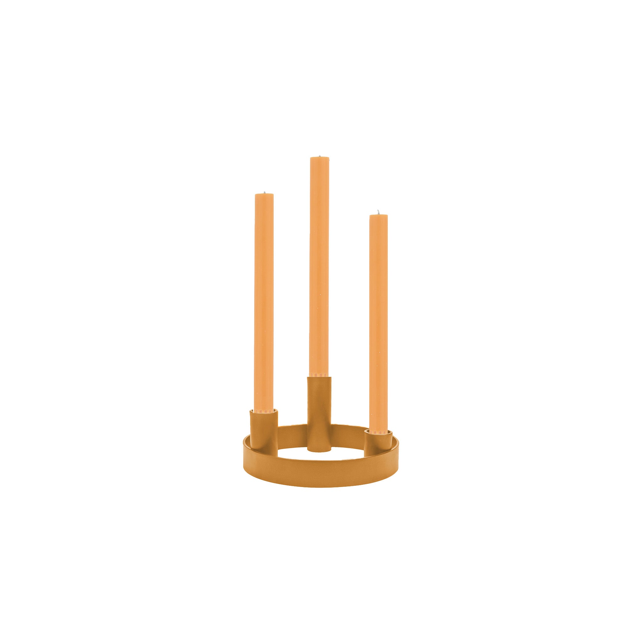 British Colour Standard Round Metal Candelabra Ring in Marigold, handmade steel design holding three taper candles at staggered heights, pictured with Saffron candles.