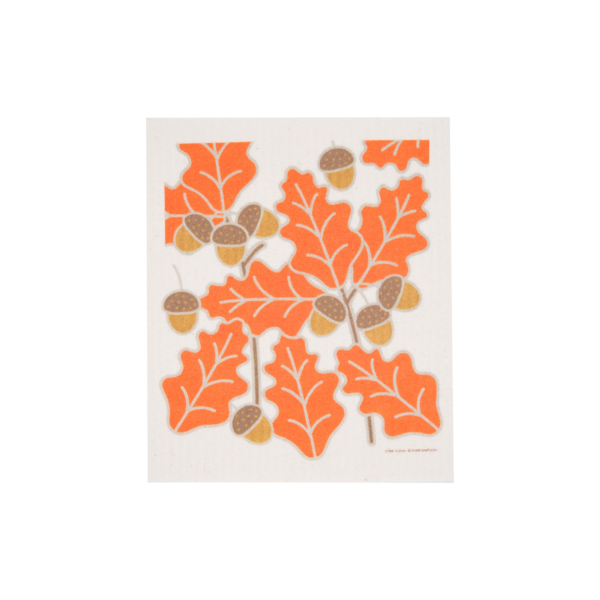 Acorn Leaves Swedish Dishcloth by Cose Nuove featuring oversized bright orange oak leaves and golden yellow acorns with taupe caps on a natural white background.