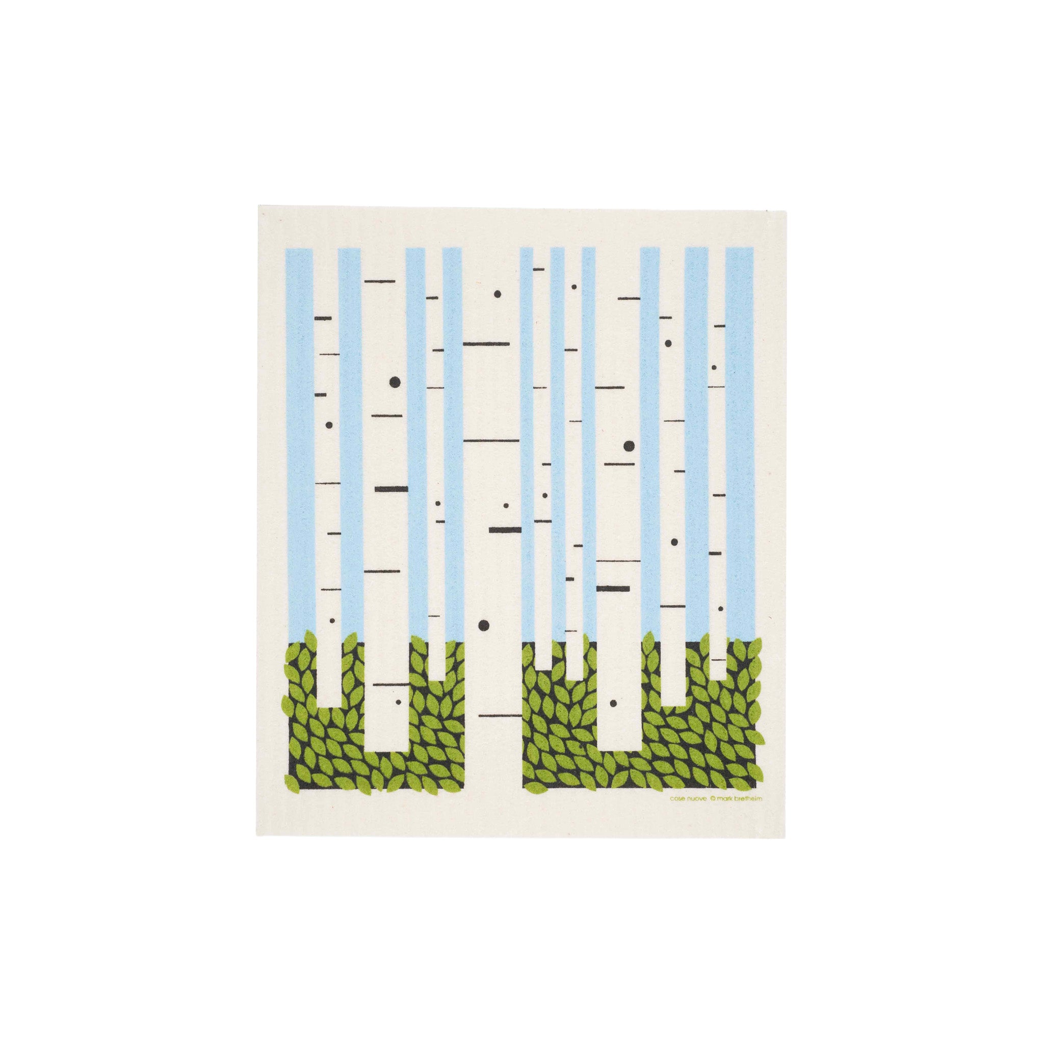 Birch Forest Swedish Dishcloth by Cose Nuove featuring pale blue birch trees with white trunks and leafy green undergrowth on a white background.