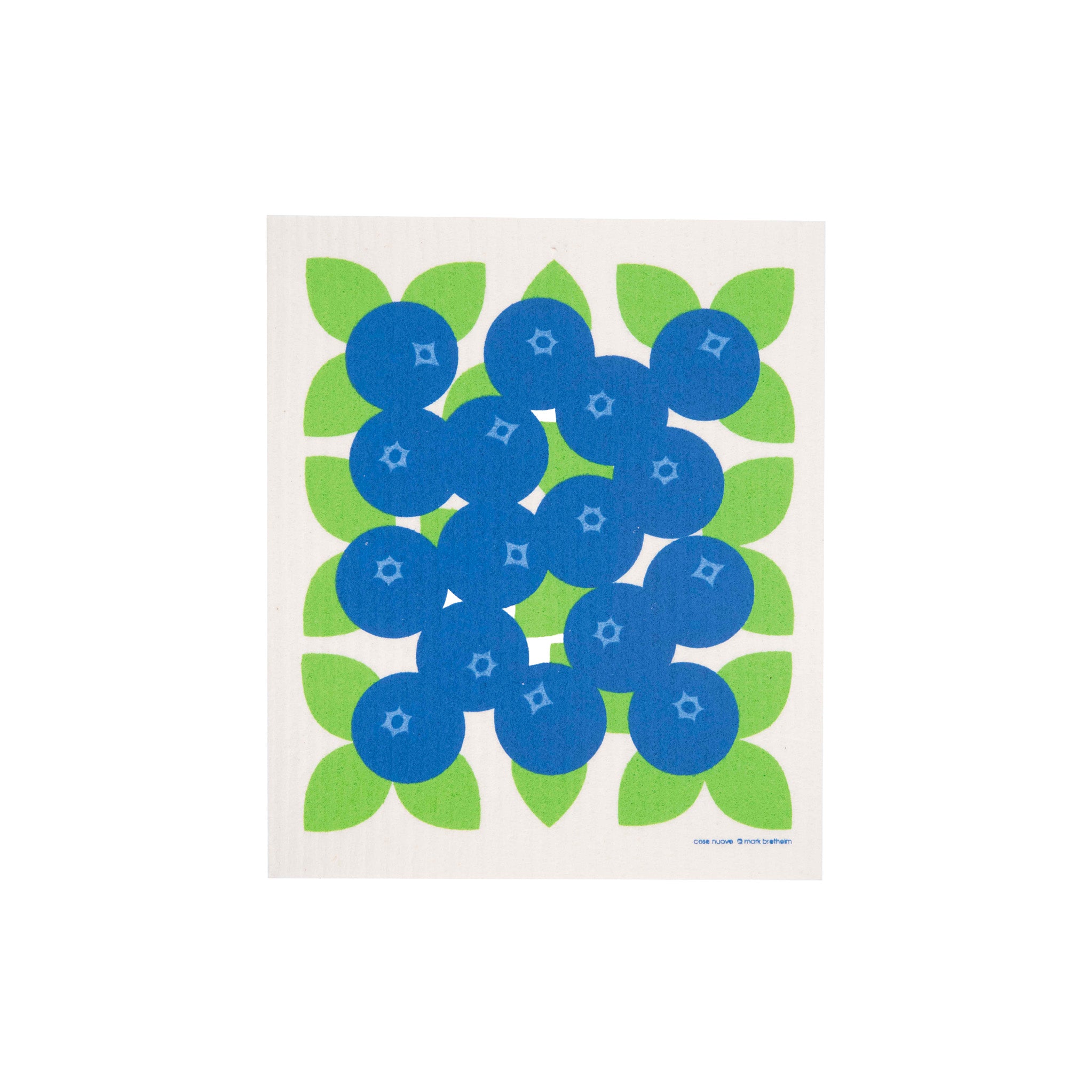 Blueberries Swedish Dishcloth by Cose Nuove featuring a playful repeating pattern of bright blue blueberries and vivid green leaves on an off-white background.
